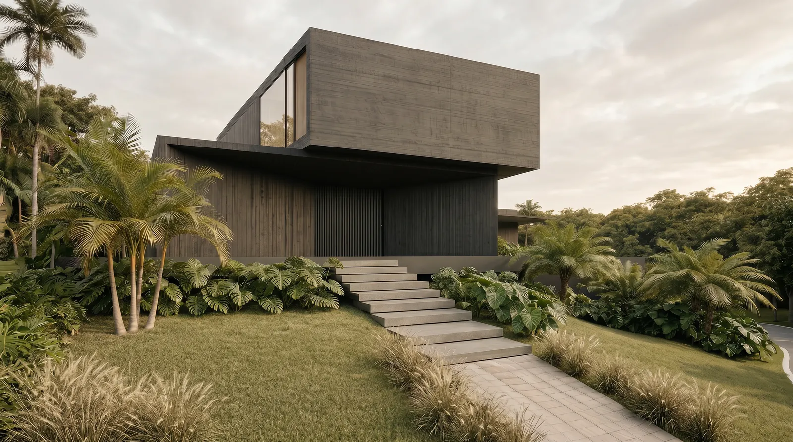 Volume superior em concreto armado da Casa Auen no Porto São Pedro, com base escura, acesso em escadas e paisagismo tropical