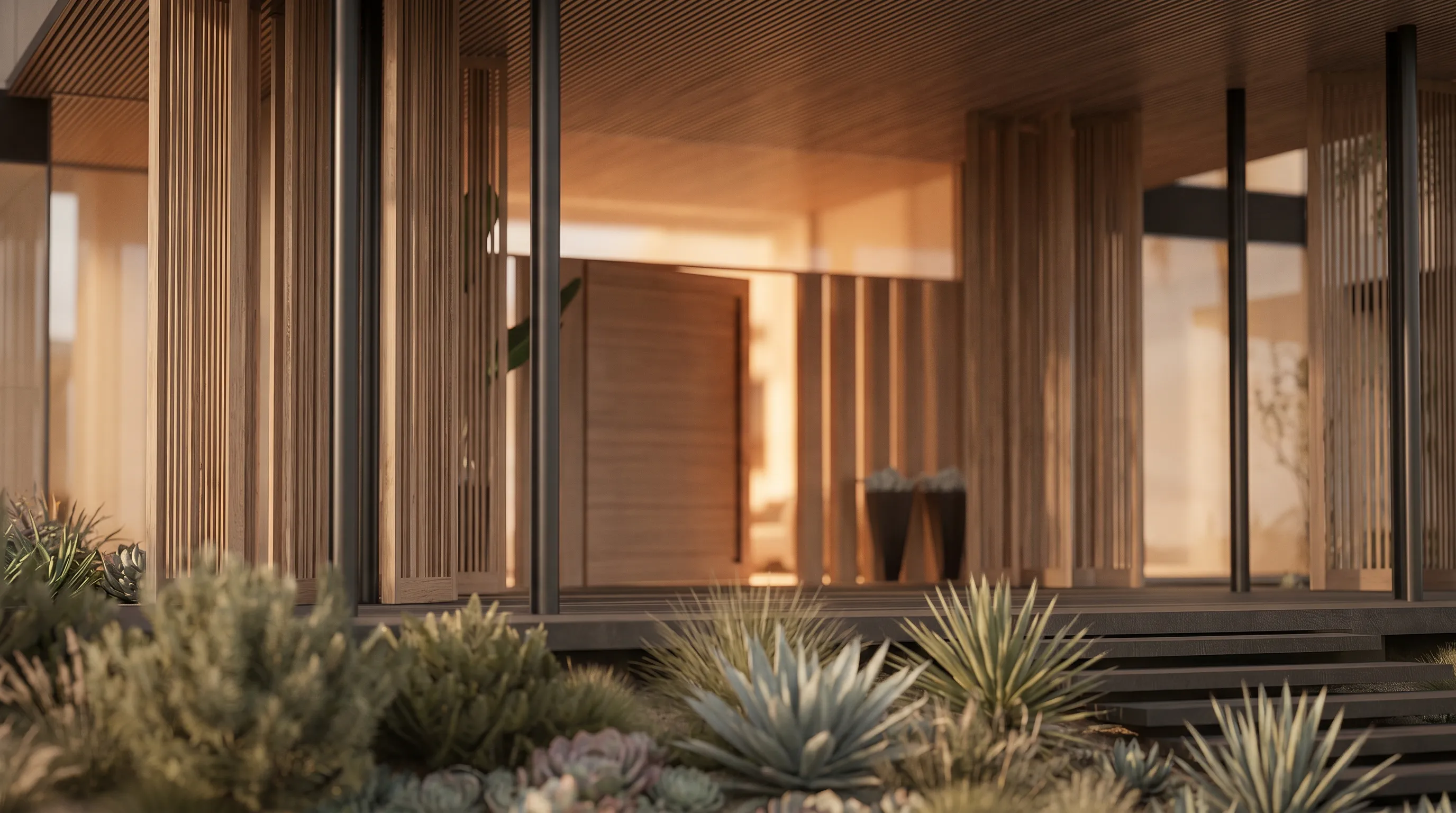 Entrada da Casa Aura no Terras de São José II com esquadrias de vidro, madeira, brises verticais e jardim integrado à arquitetura residencial de alto padrão