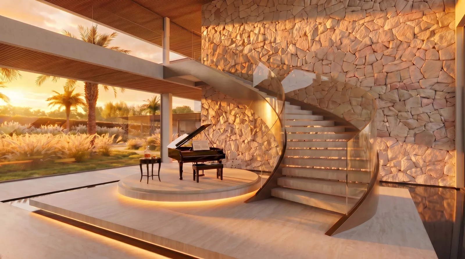 Escada helicoidal e piano da Casa Aura no Terras de São José II, com pedra natural, luz do pôr do sol e fluxo espacial inspirado no Feng Shui