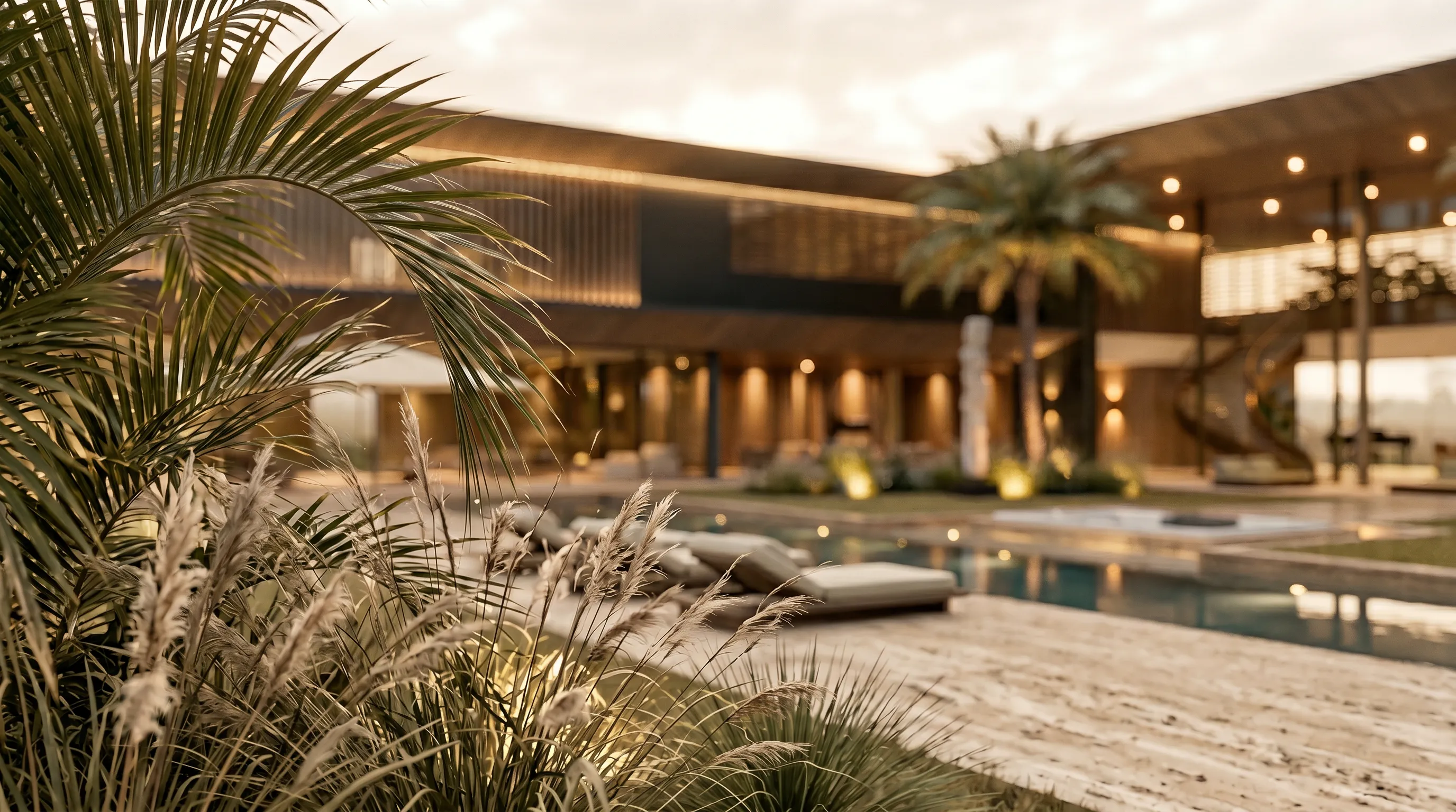 Piscina, jardim e fachada posterior da Casa Aura no Terras de São José II ao pôr do sol, com volumes horizontais e lazer integrado ao paisagismo