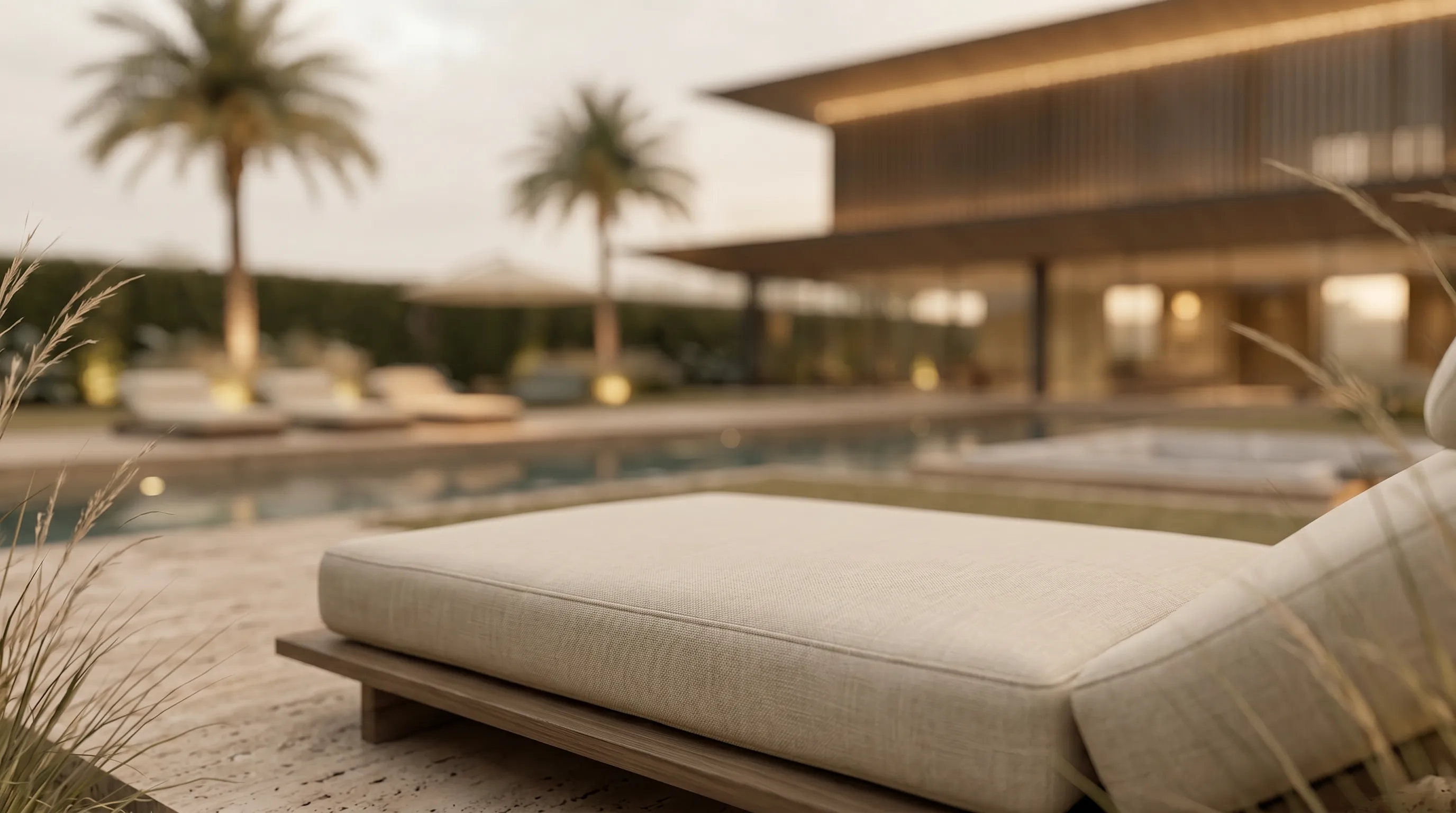 Piscina, lounge e fachada iluminada da Casa Aura no Terras de São José II, residência de alto padrão com lazer privativo e vista para o horizonte