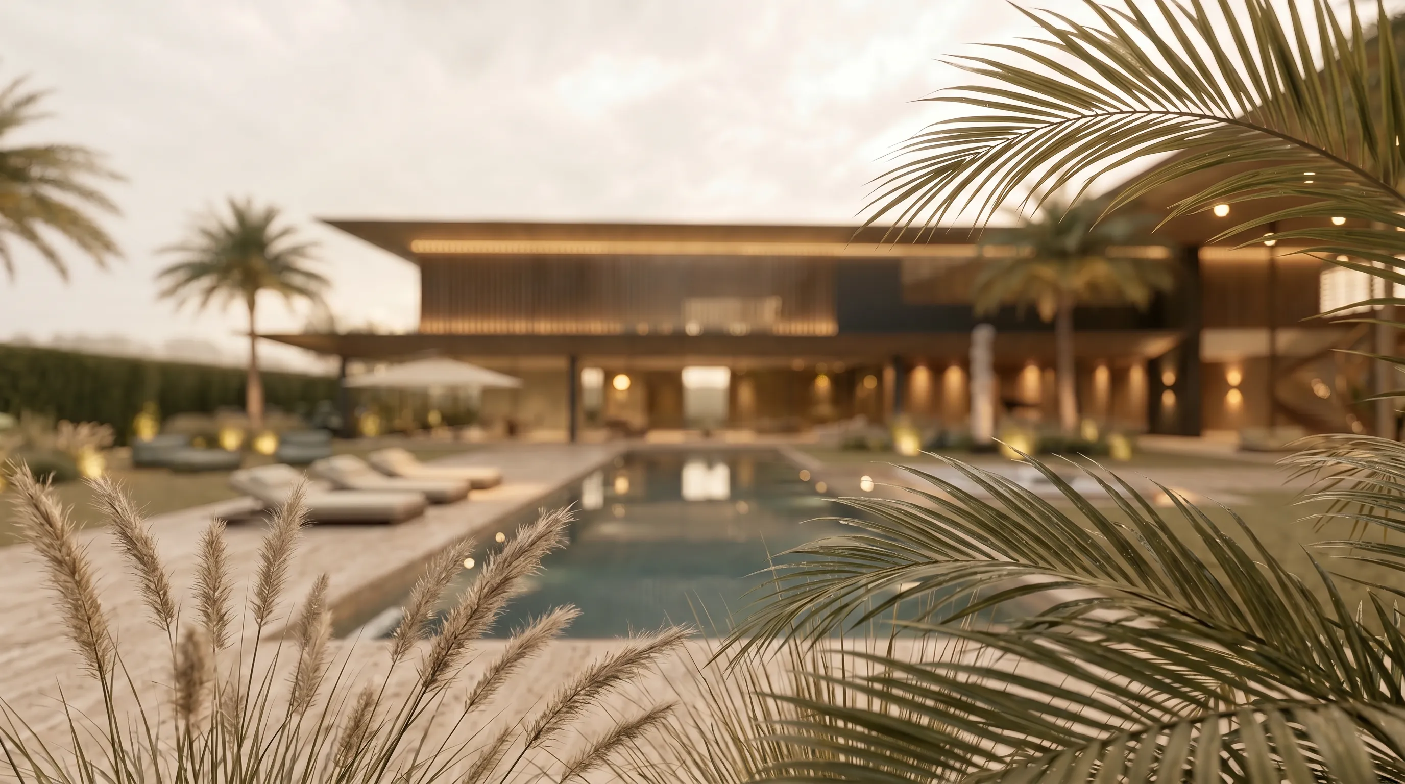 Piscina e solário da Casa Aura no Terras de São José II ao pôr do sol, com arquitetura contemporânea, deck, palmeiras e integração ao lazer externo