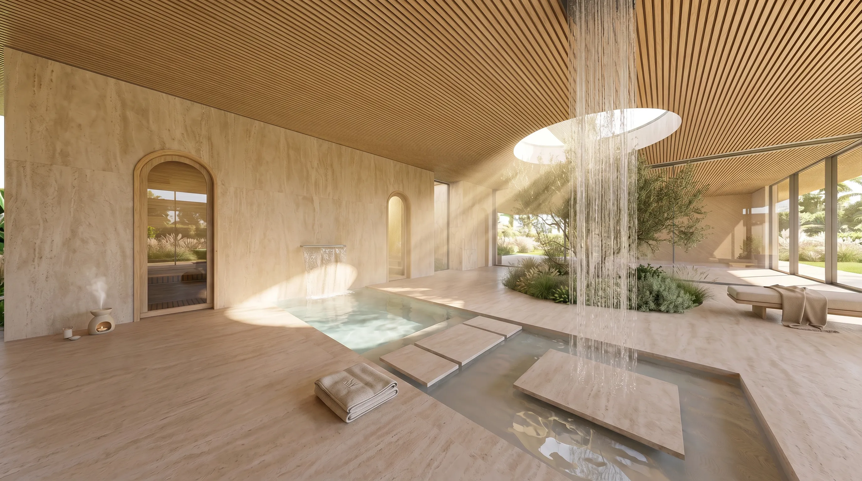 Spa coberto da Casa Aura no Terras de São José II, com espelho d’água, cascata, jardim interno e atmosfera de bem-estar alinhada ao Feng Shui
