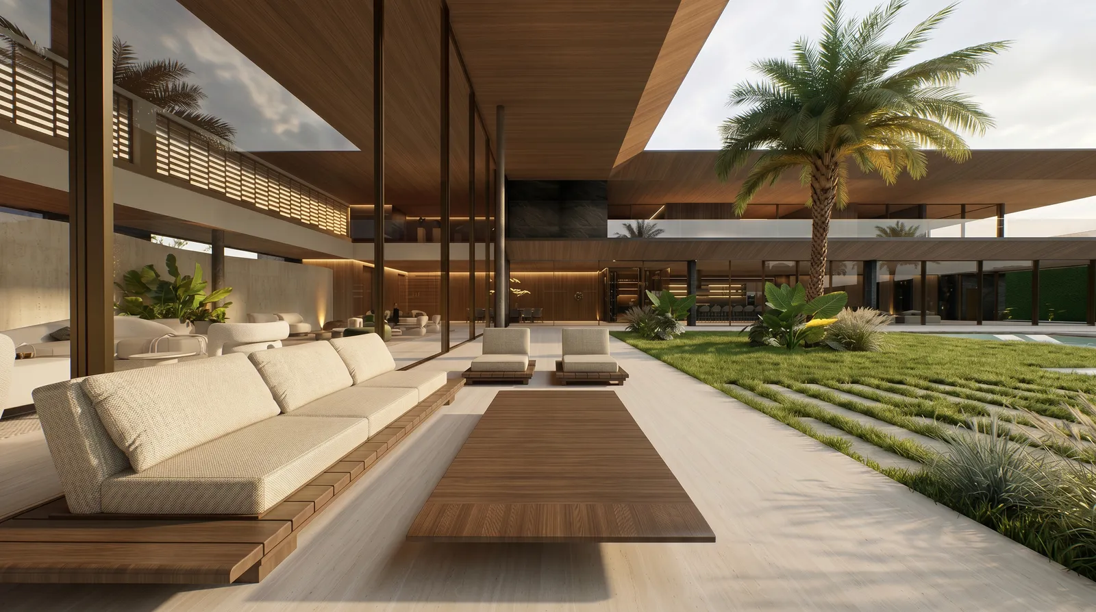 Varanda gourmet e living externo da Casa Aura no Terras de São José II, com forro em madeira, mobiliário de estar e jardim integrado à área social