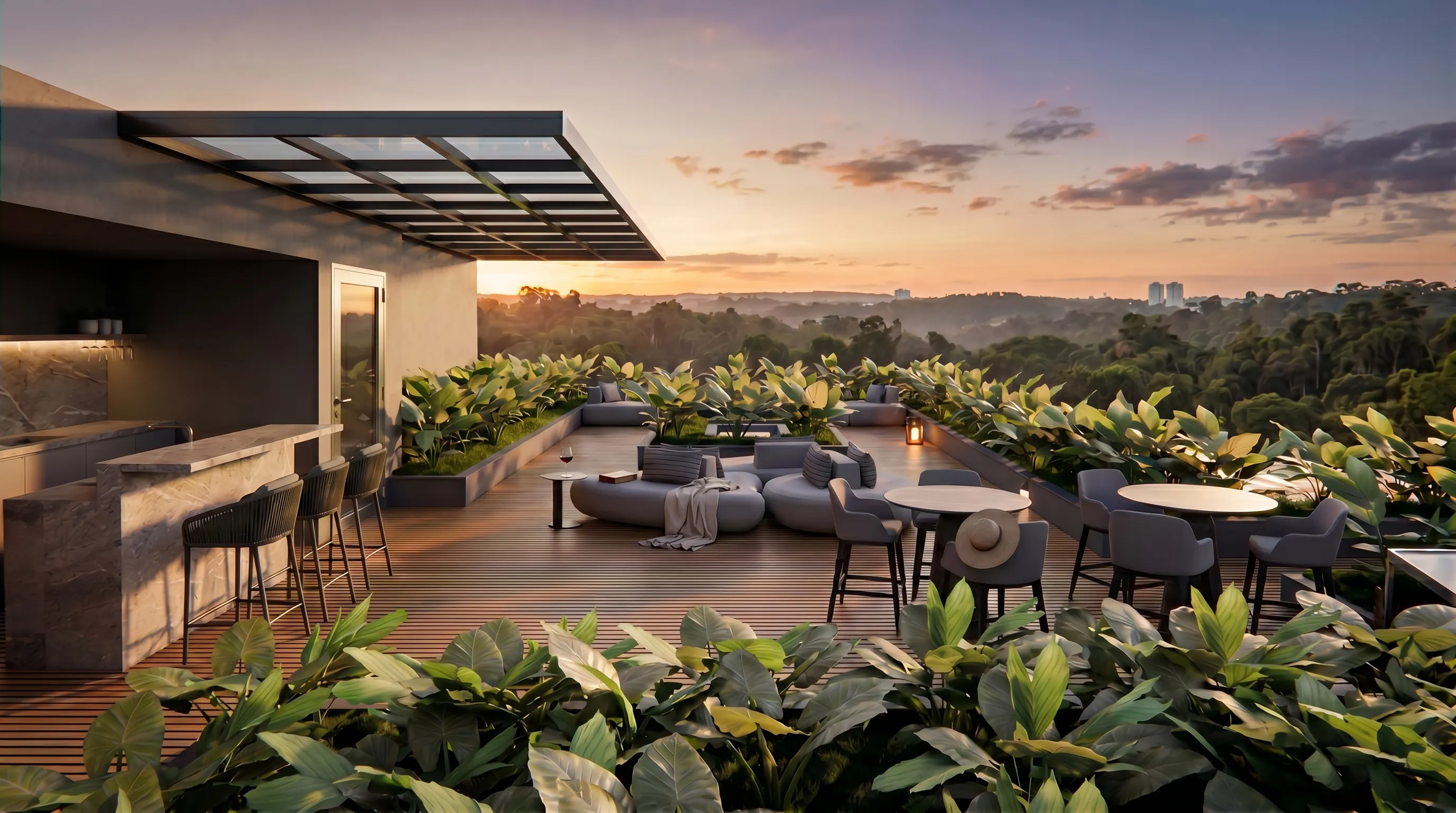 Bar e spa no rooftop da Casa Bliss em Tamboré 1, com cobertura leve, área gourmet, lounge e vista panorâmica do vale em Barueri