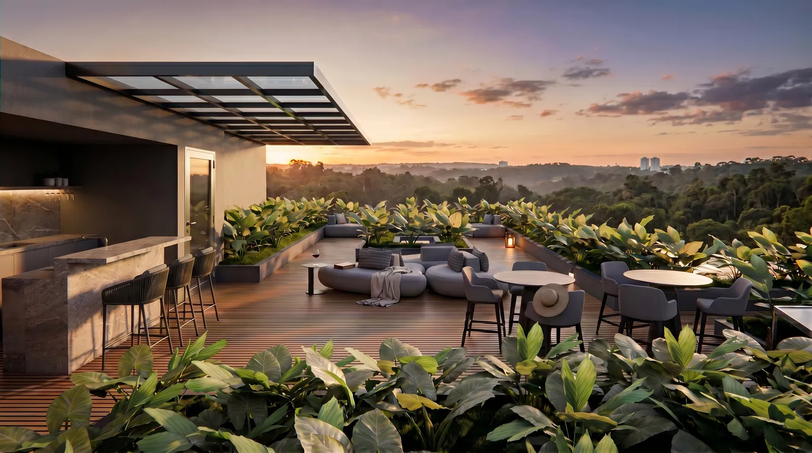 Bar e spa no rooftop da Casa Bliss em Tamboré 1, com cobertura leve, área gourmet, lounge e vista panorâmica do vale em Barueri
