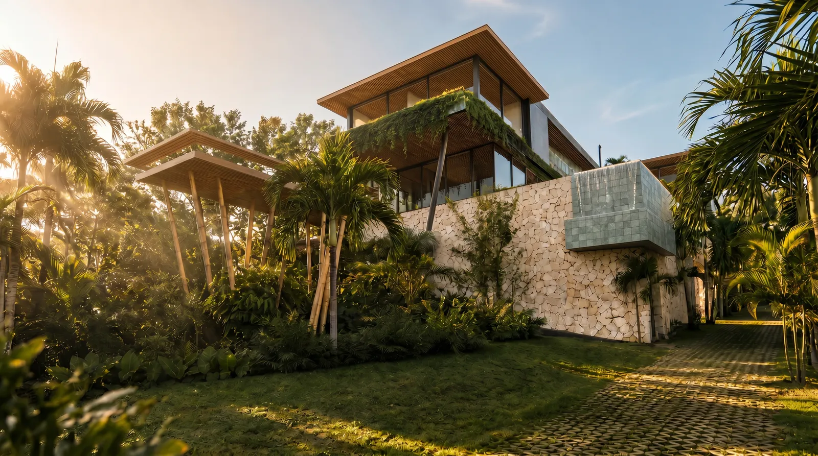 Fachada jardim da Casa Bliss em Barueri, com aclive acentuado, pedra moledo, paisagismo tropical e residência elevada sobre o terreno
