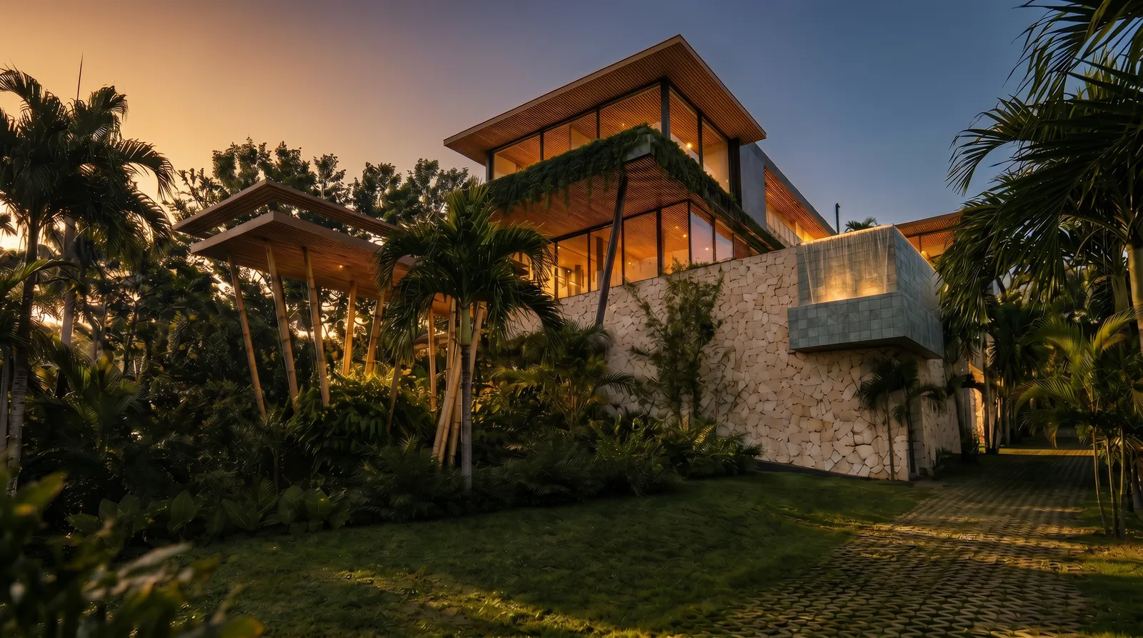 Fachada noturna da Casa Bliss em Tamboré 1, com jardim, pedra moledo, iluminação quente e volume superior em vidro sobre o aclive