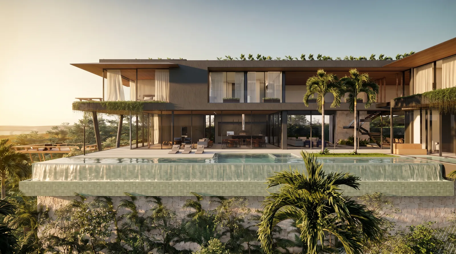Fachada da Casa Bliss em Tamboré 1, Barueri, com piscina de borda infinita em balanço sobre base de pedra moledo e vista para o vale