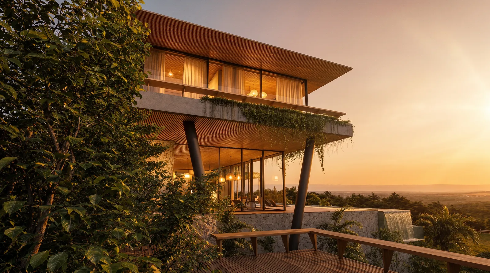 Fachada de vidro da Casa Bliss em Tamboré 1 ao pôr do sol, com estrutura metálica, balanços, brises e vista para o vale