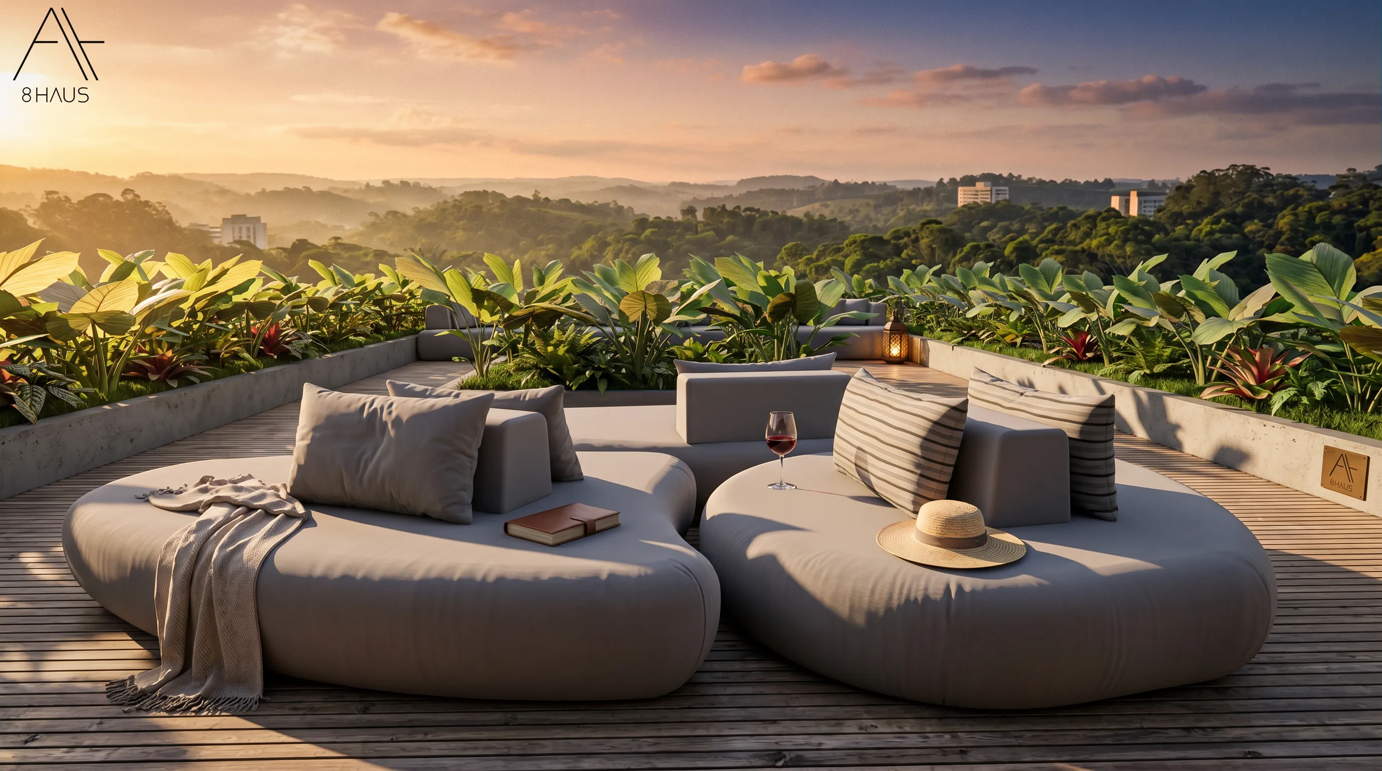 Rooftop da Casa Bliss em Barueri com lounge externo, vegetação, mobiliário baixo e vista aberta para o vale de Tamboré