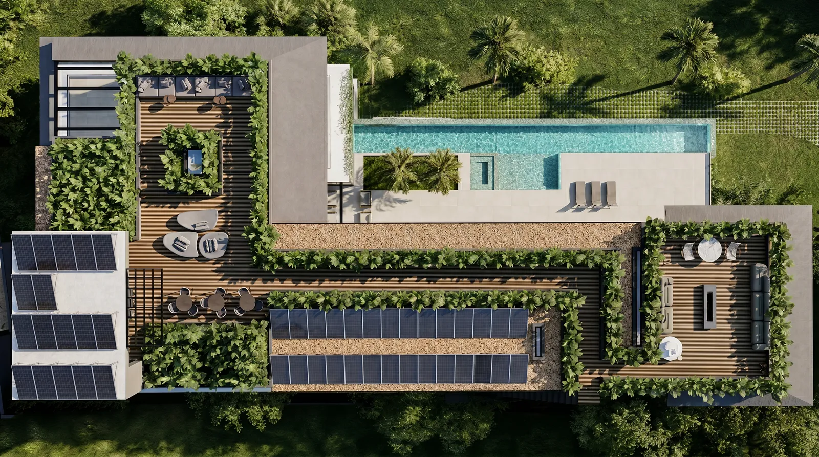Vista aérea da Casa Bliss em Tamboré 1, Barueri, mostrando implantação em terreno de 1.700 m², piscina linear, rooftop e paisagismo