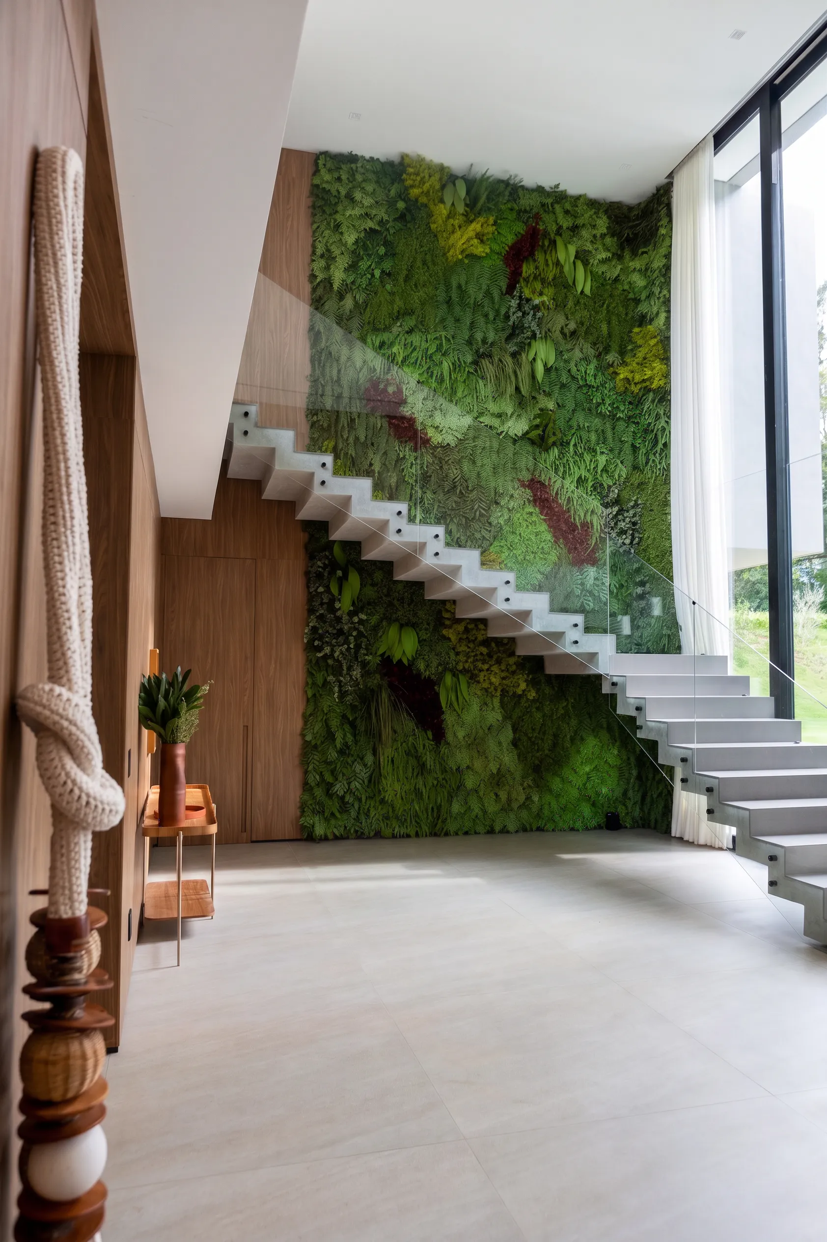 Escada interna da Casa Entreverdes na Fazenda da Grama com jardim vertical, degraus claros, guarda-corpo de vidro e pé-direito duplo