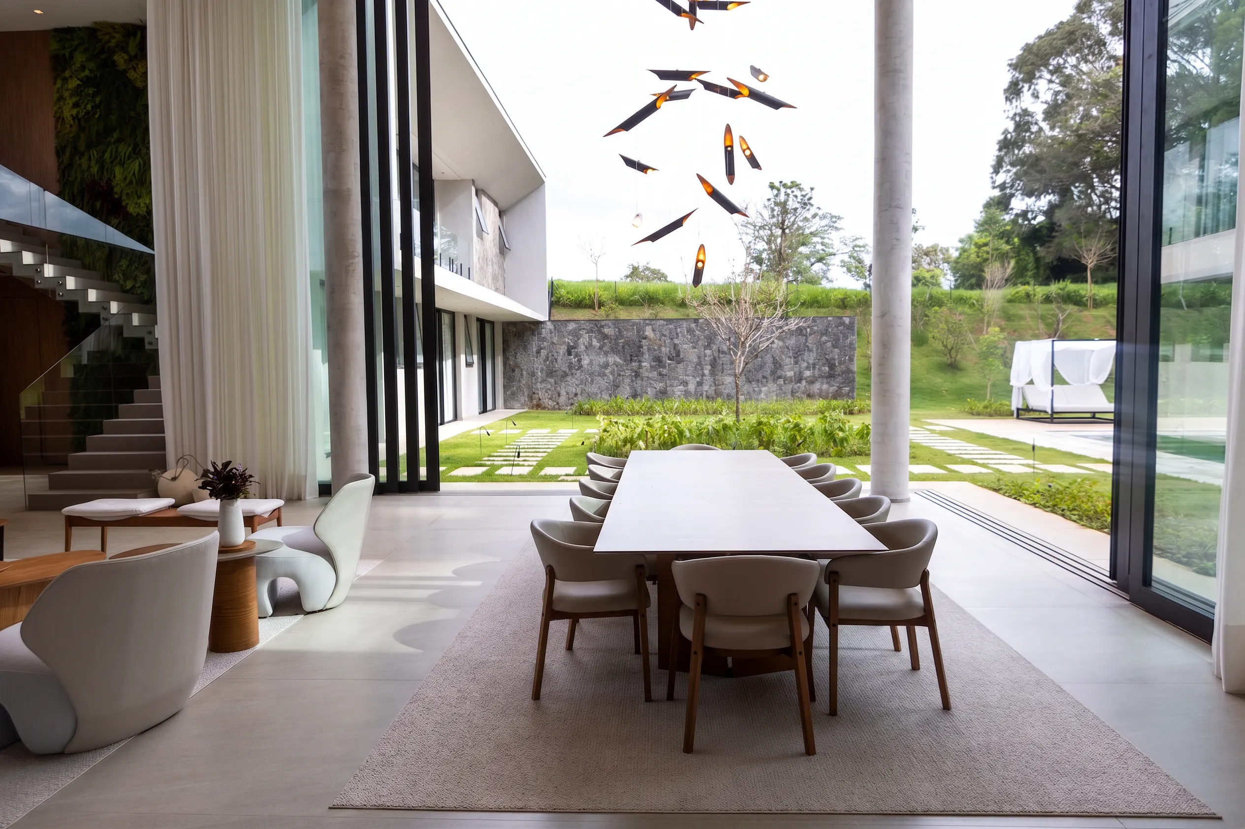 Sala de jantar da Casa Entreverdes entre living e piscina, com mesa de madeira, pendente escultórico e abertura para o jardim