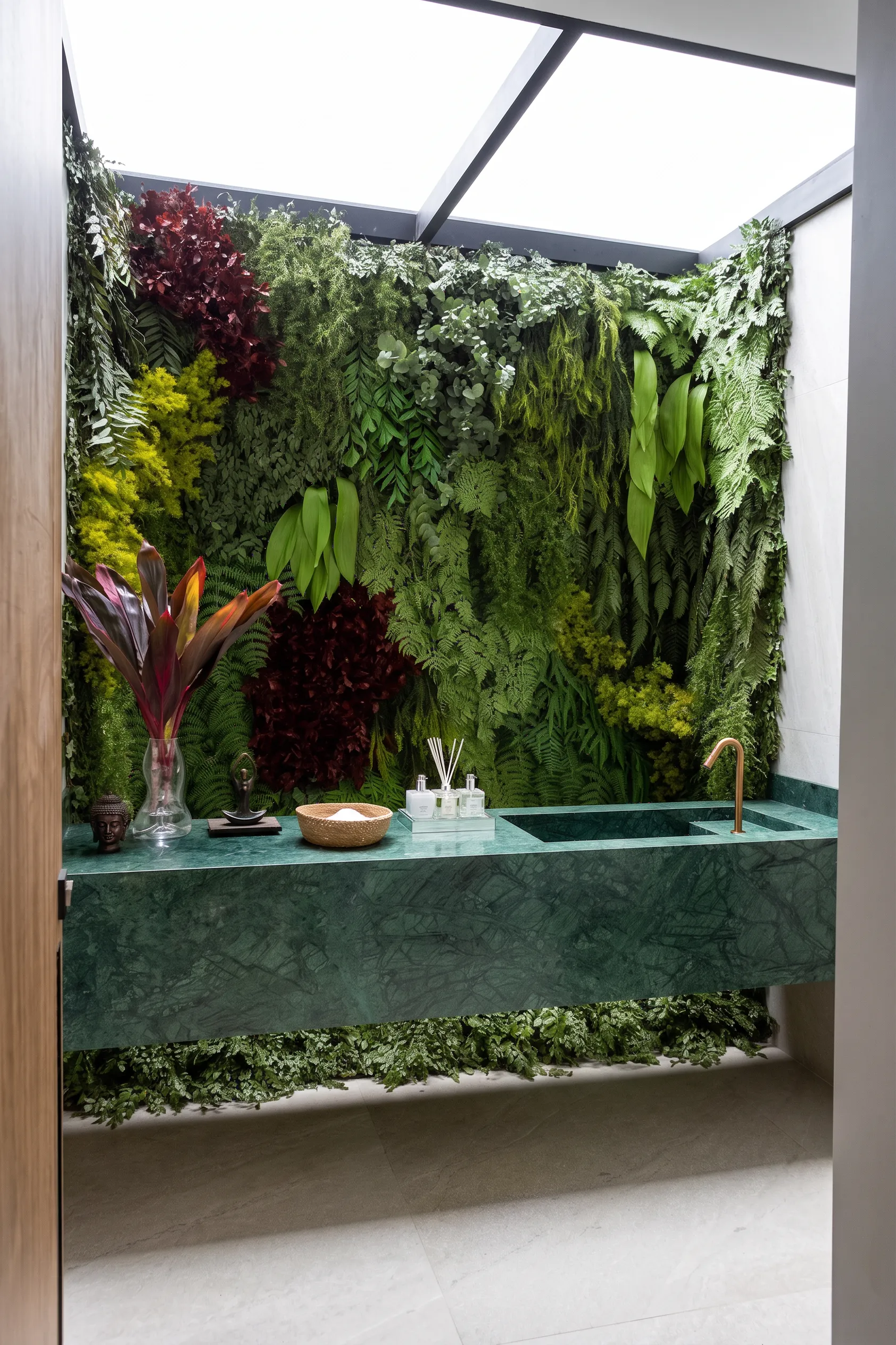 Detalhe do lavabo da Casa Entreverdes com cuba esculpida em mármore verde, jardim vertical tropical e metais em tom cobre