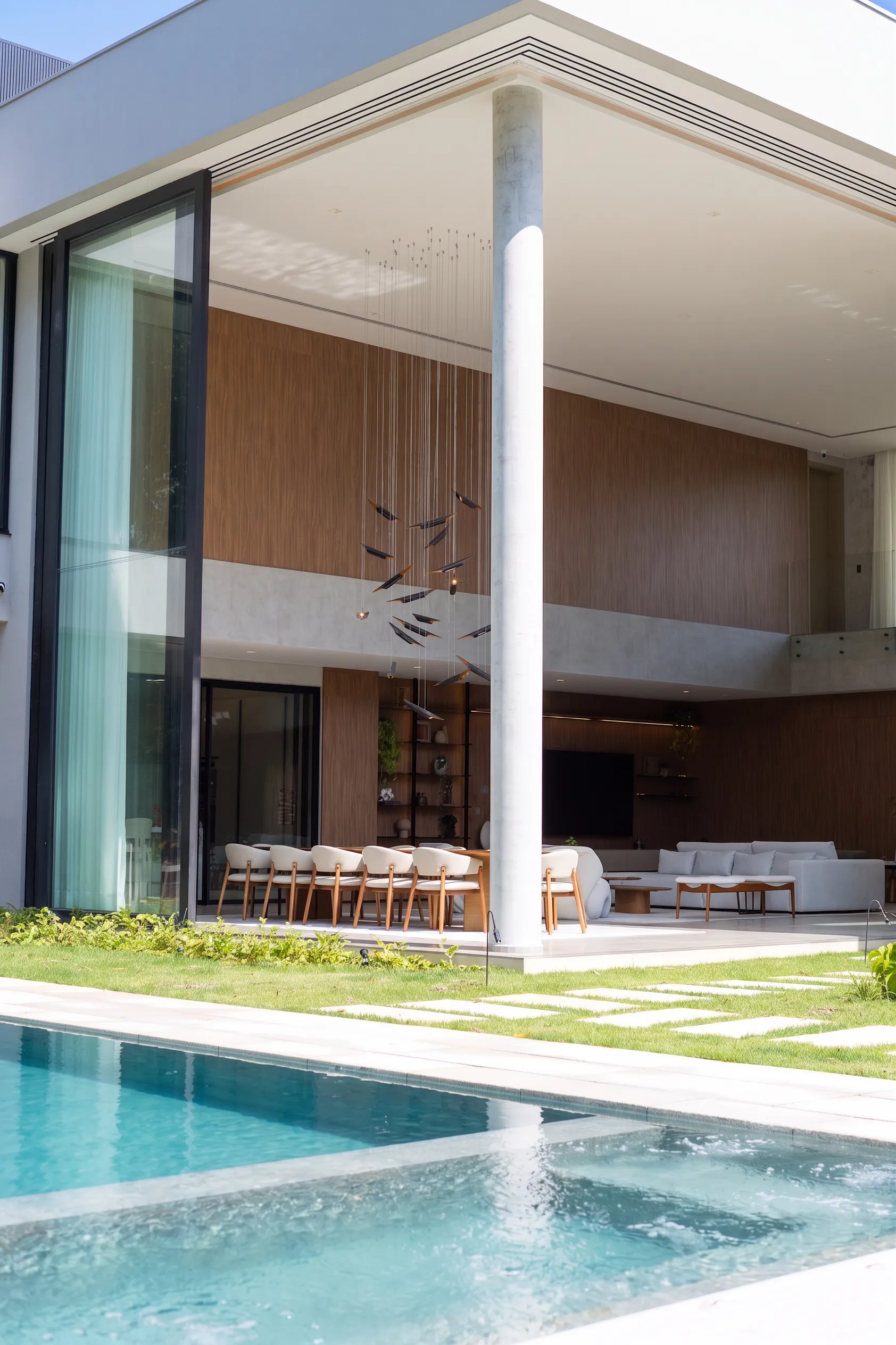 Pé-direito duplo da Casa Entreverdes visto da piscina, com pilares de concreto, esquadrias abertas e interiores em madeira