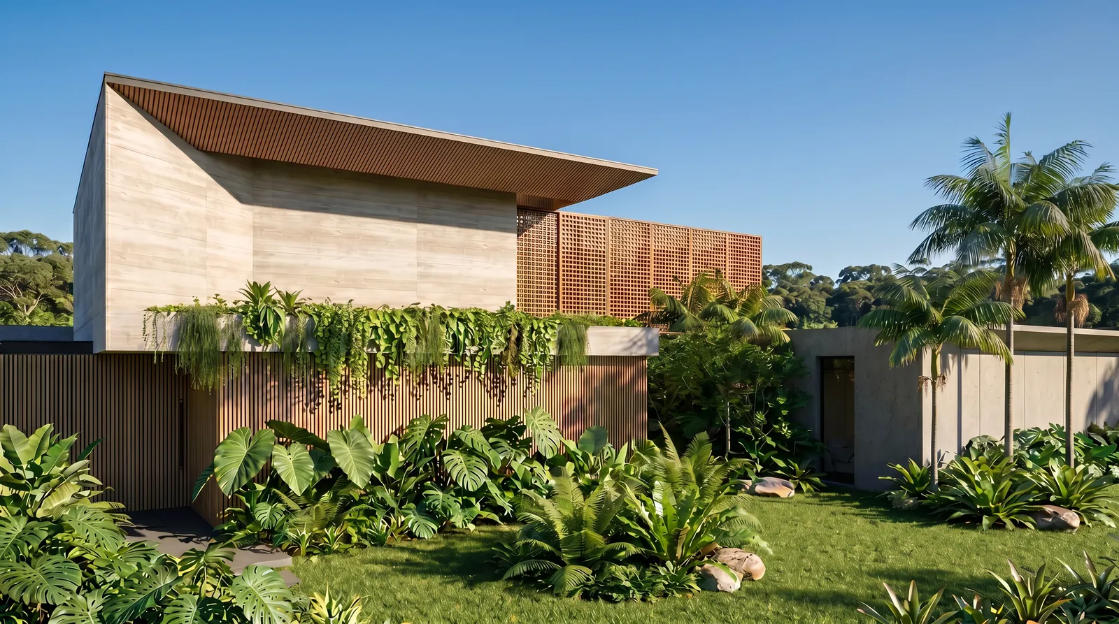 Fachada da Casa Flabello na Fazenda da Grama em Itupeva, com volume em concreto, cobertura angulada, brise ripado e jardim suspenso sobre base em madeira