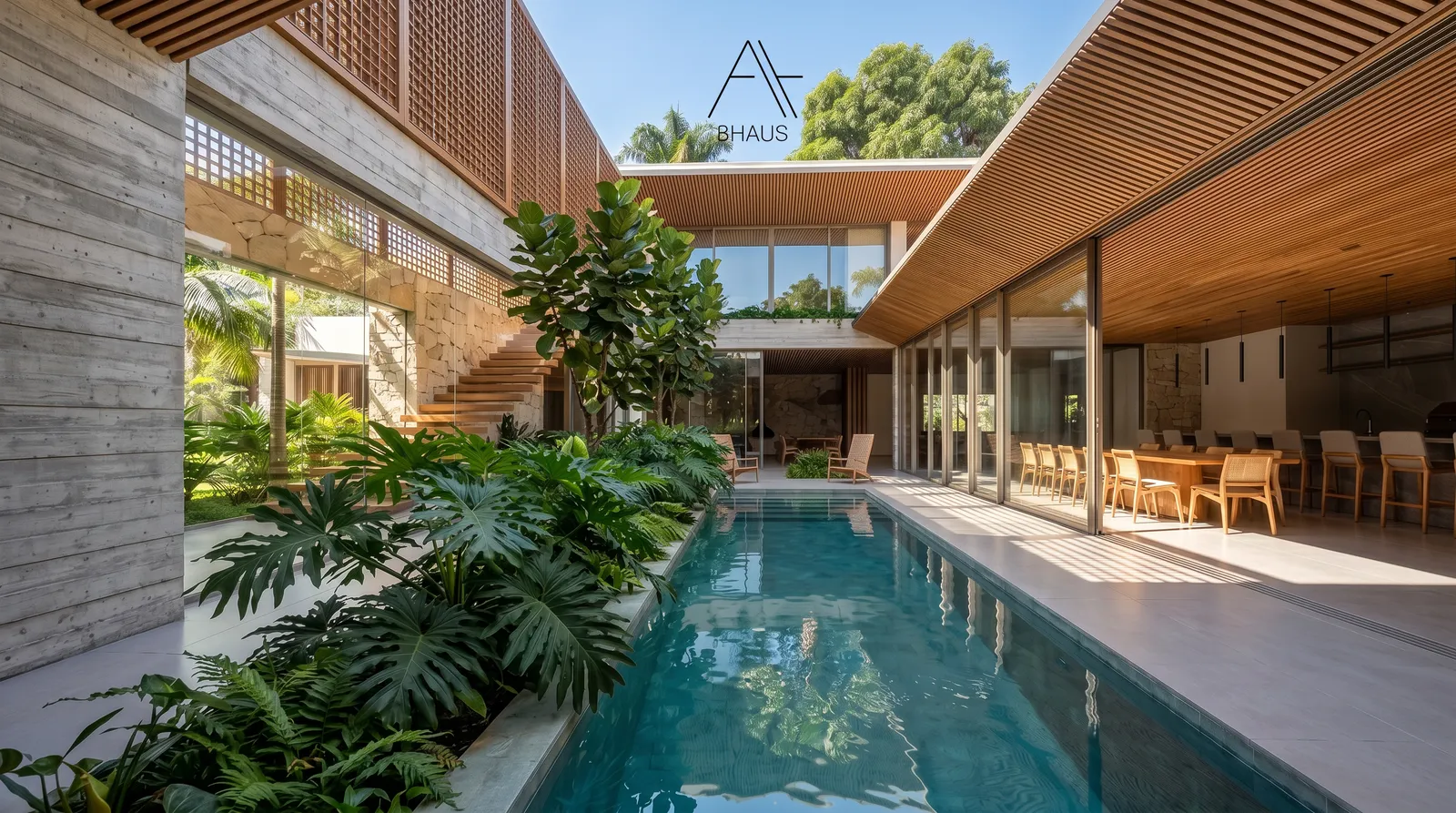 Pátio interno da Casa Flabello com piscina em raia, escada externa em madeira, jardim tropical e sala de jantar integrada por esquadrias de vidro