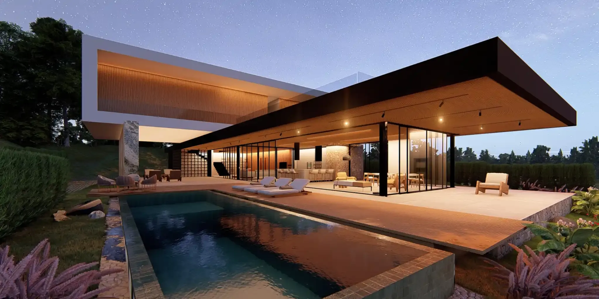 Render arquitetônico da Morada Pôr do Sol com volumes sobrepostos e lazer integrado