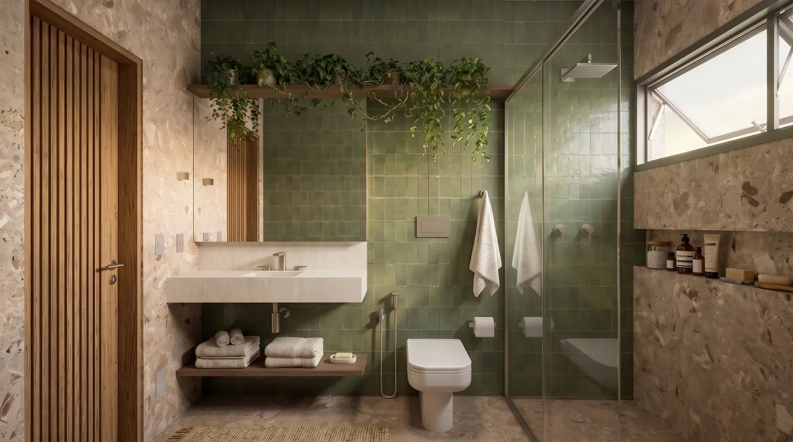 Banheiro da Casa Olive na Fazenda da Grama com revestimento verde oliva, terrazzo, madeira ripada, plantas suspensas e box de vidro