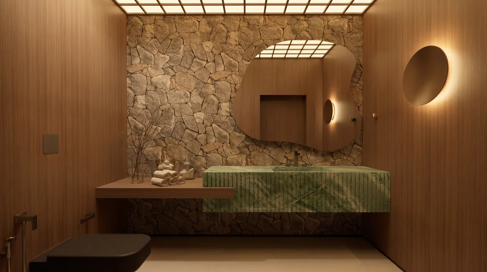 Lavabo da Casa Olive na Fazenda da Grama com paredes de madeira, pedra natural, cuba verde esculpida, espelho orgânico e luz indireta