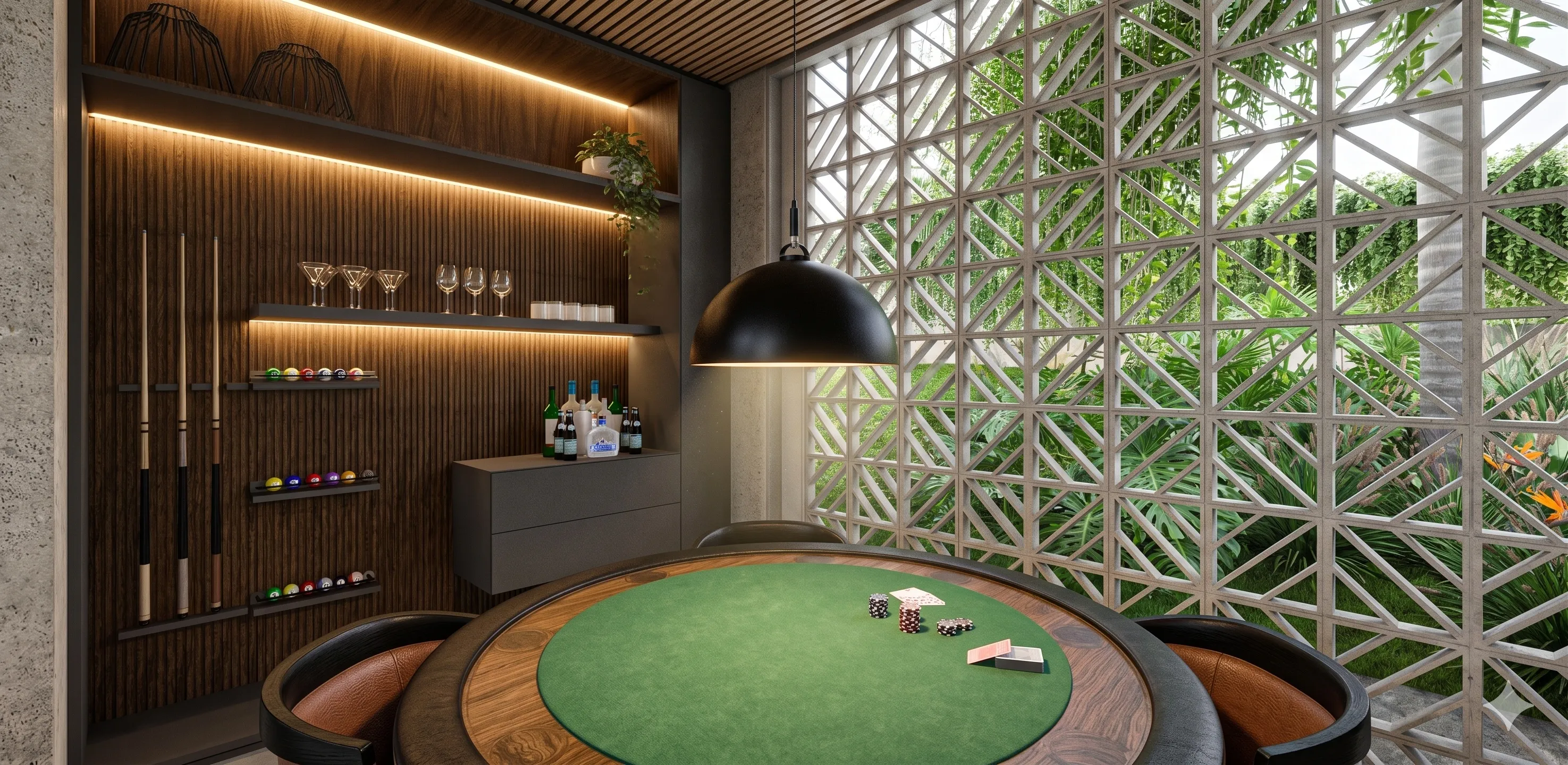 Sala de jogos da Casa Olive na Fazenda da Grama com mesa de poker, bar em madeira ripada, iluminação linear e muxarabi para o jardim tropical