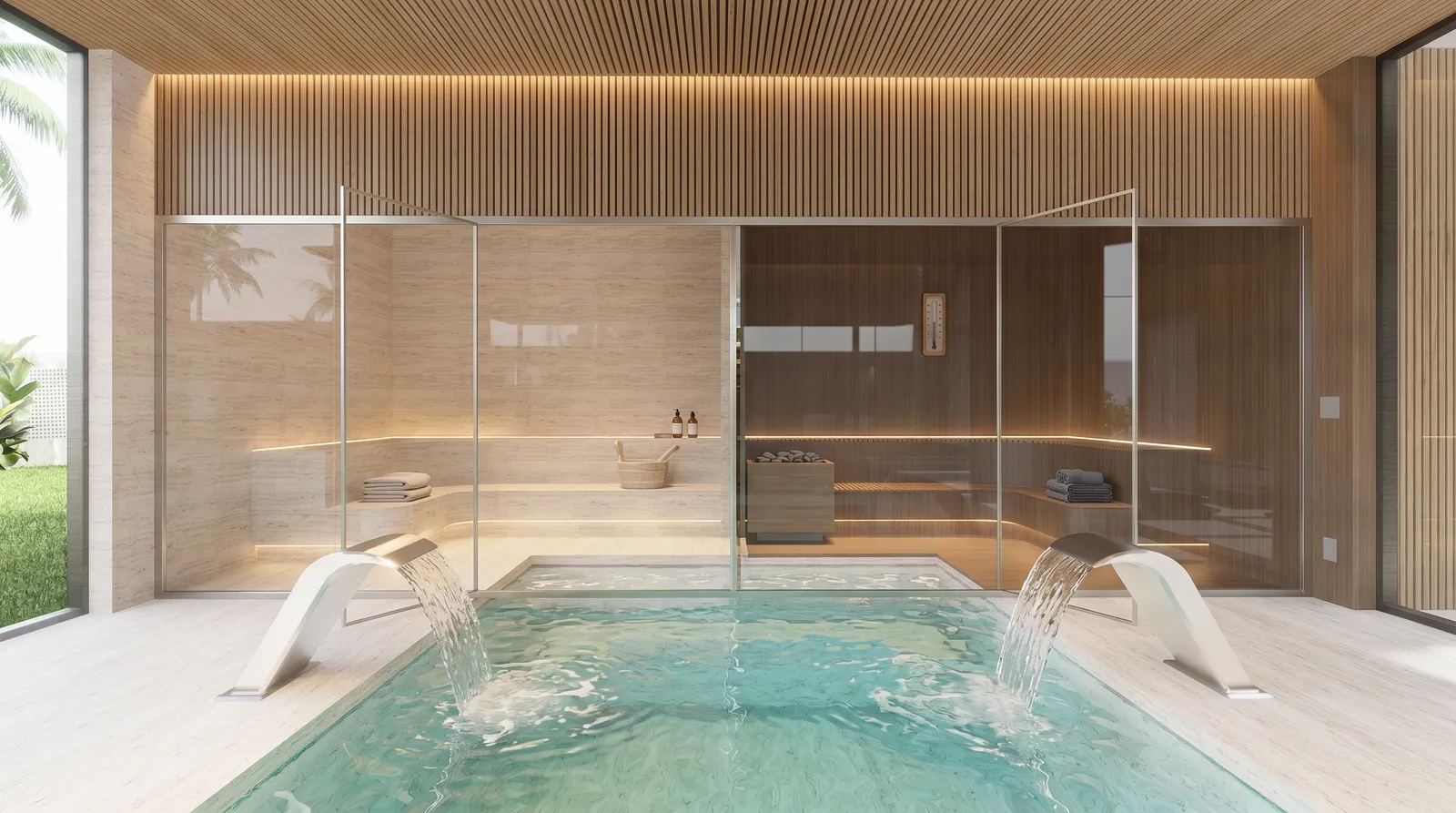 Spa interno da Casa Olive na Fazenda da Grama, com piscina, sauna envidraçada, travertino, madeira ripada e iluminação indireta