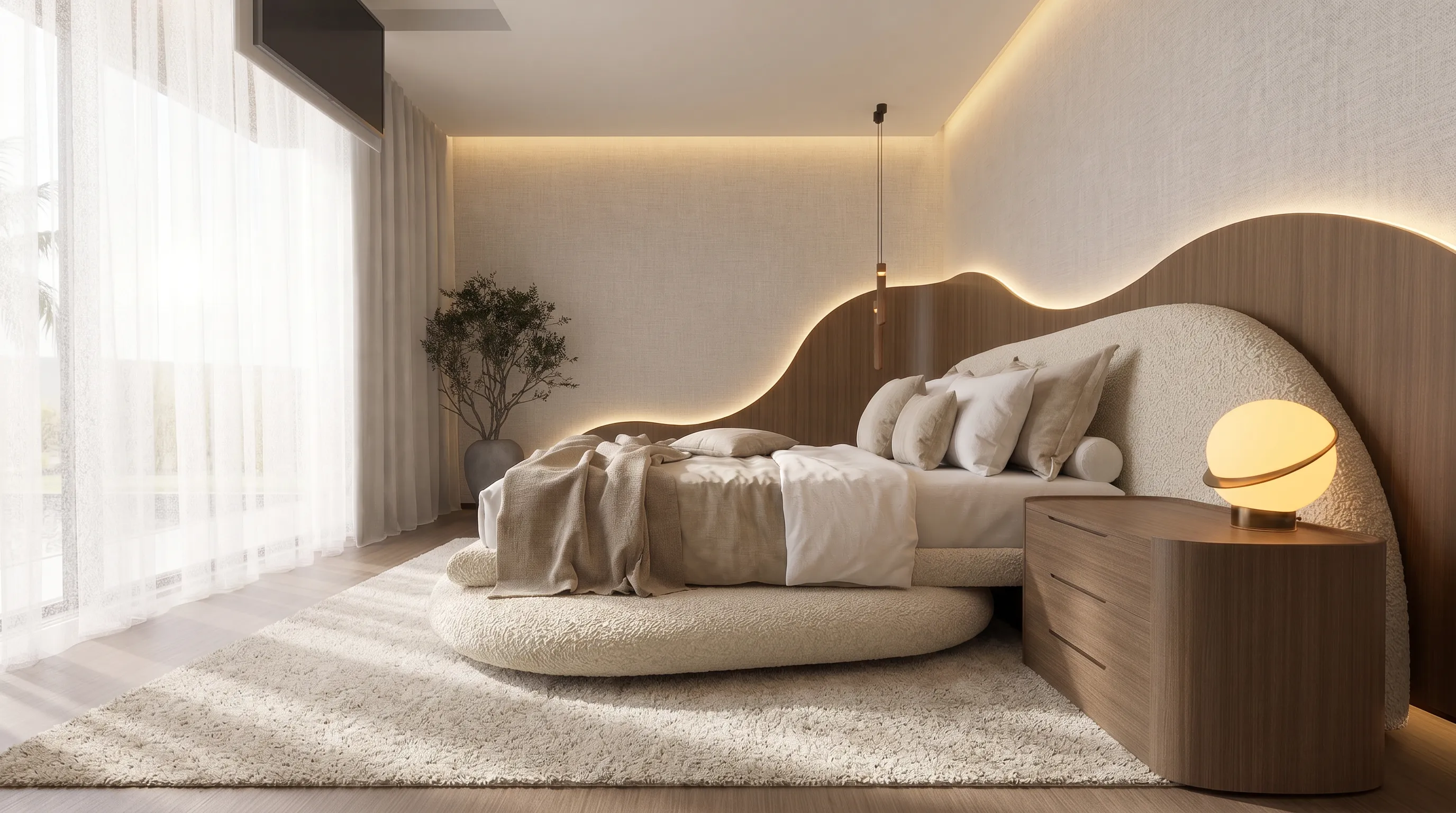Suíte master da Casa Olive na Fazenda da Grama com cabeceira orgânica em madeira, cama estofada, luz indireta e tecidos naturais