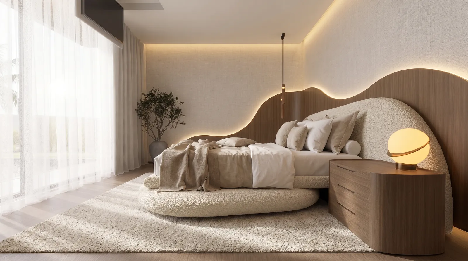Suíte master da Casa Olive na Fazenda da Grama com cabeceira orgânica em madeira, cama estofada, luz indireta e tecidos naturais