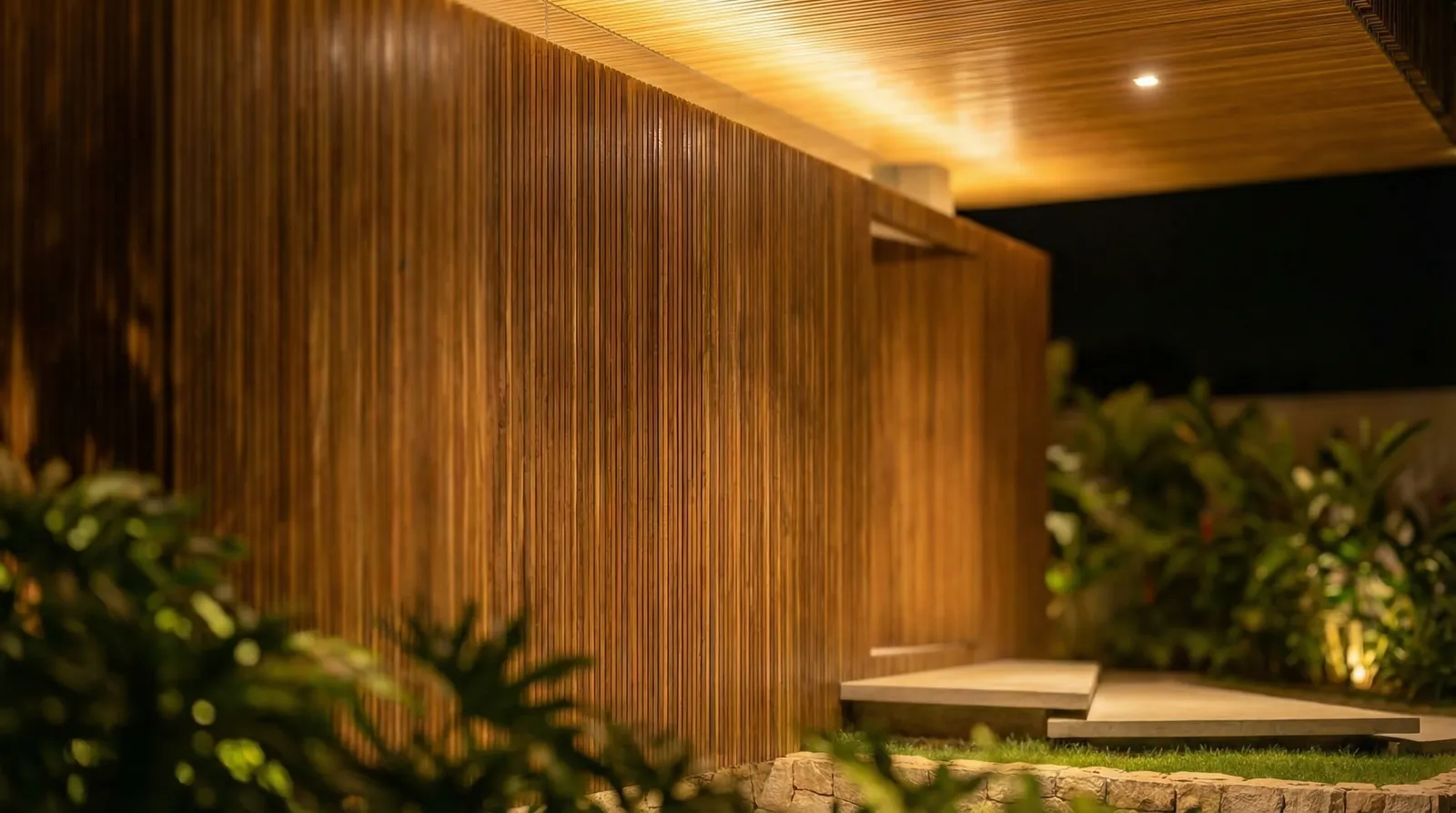 Detalhe do acesso da Casa Trama com madeira ripada, forro iluminado, porta mimetizada e paisagismo junto ao jardim