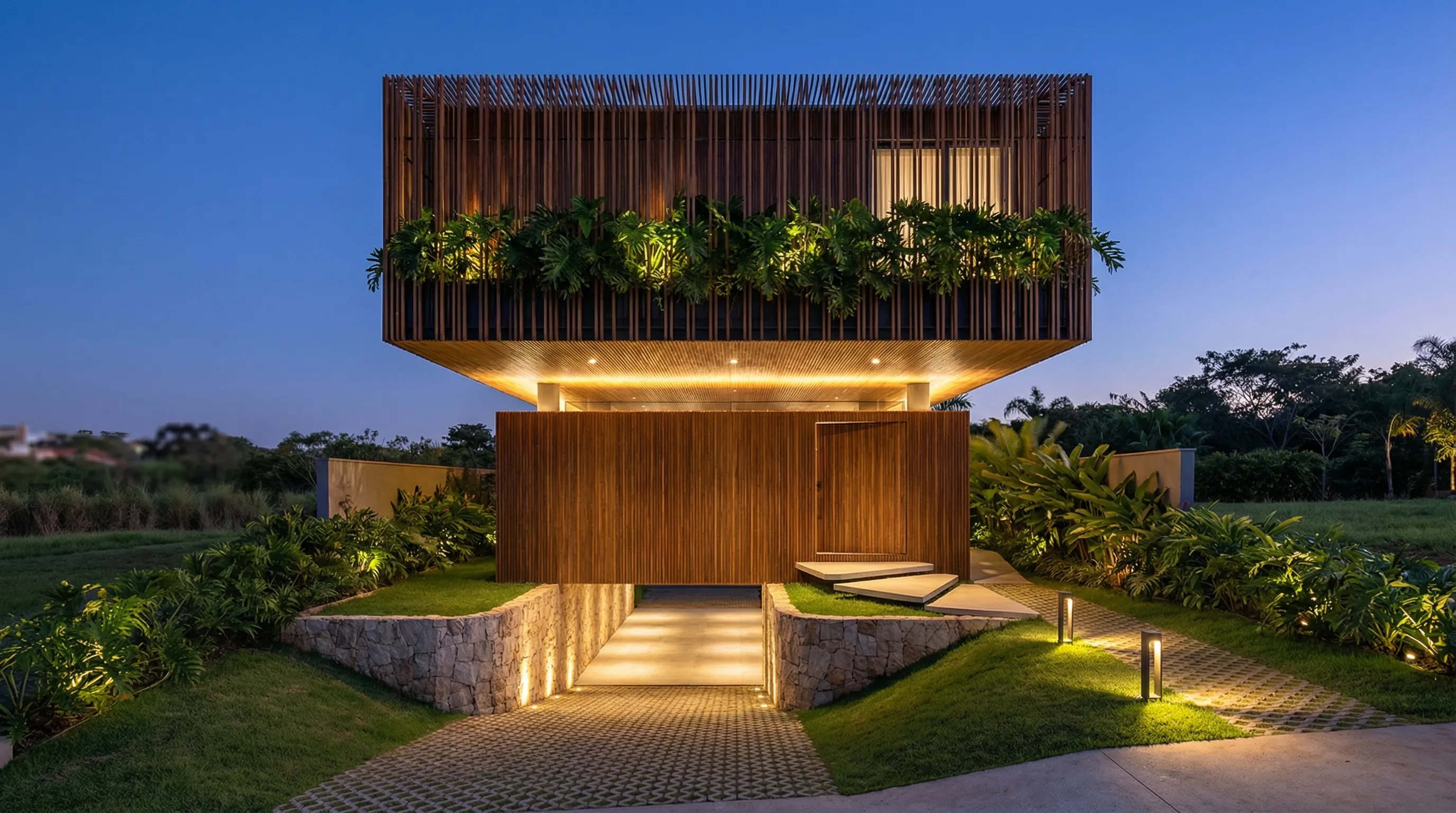 Casa Trama em Alphaville Campinas, residência de 601 m² com brise de alumínio com pintura envolvendo o pavimento superior, volume suspenso e paisagismo tropical