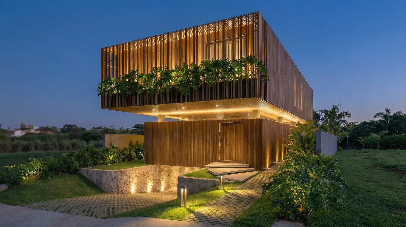 Fachada iluminada da Casa Trama com brise de alumínio pintado no pavimento superior, pedra natural e paisagismo tropical