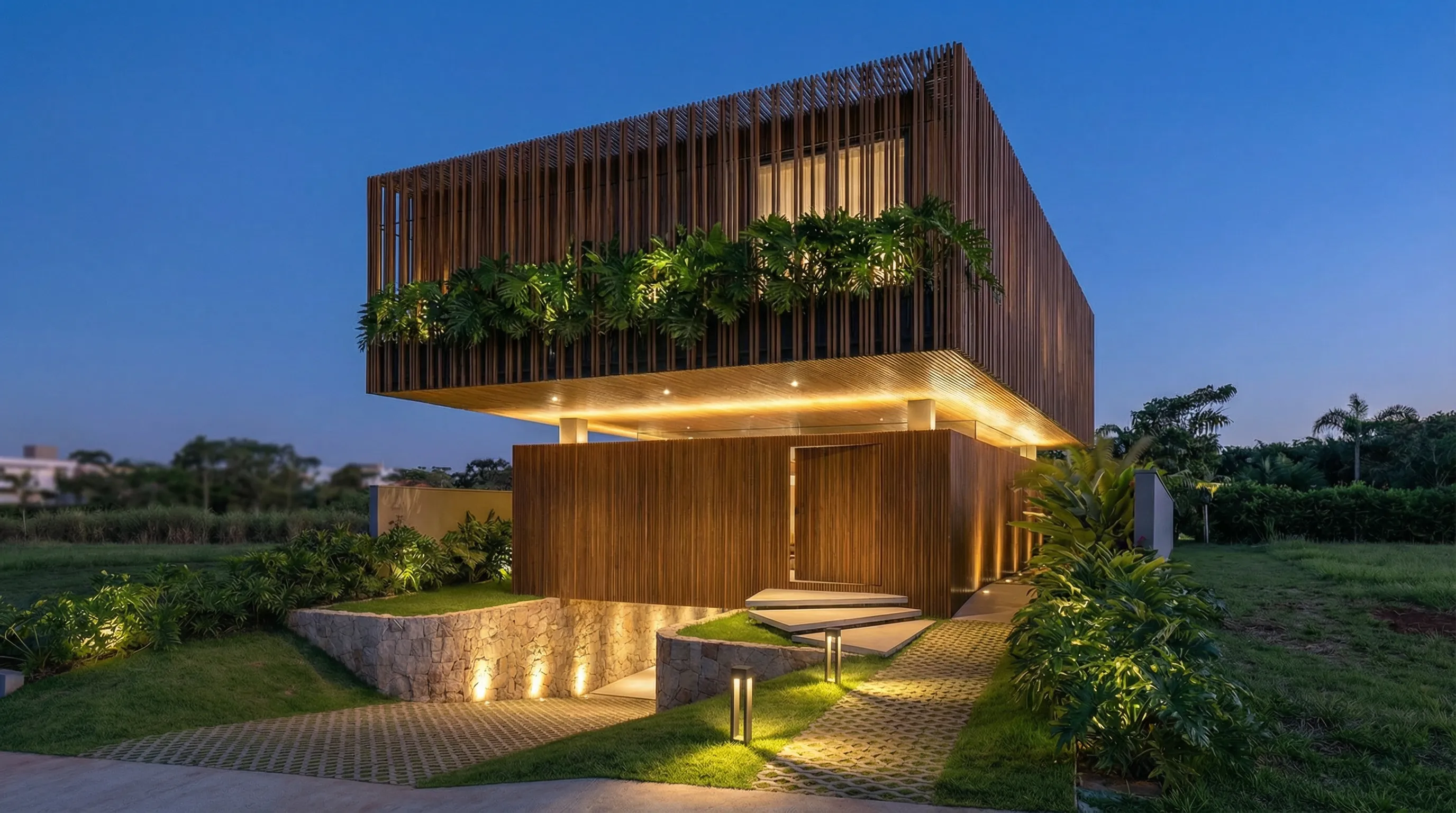 Fachada lateral da Casa Trama em Alphaville Campinas com volume superior suspenso, brise de alumínio com pintura, acesso iluminado e jardim tropical
