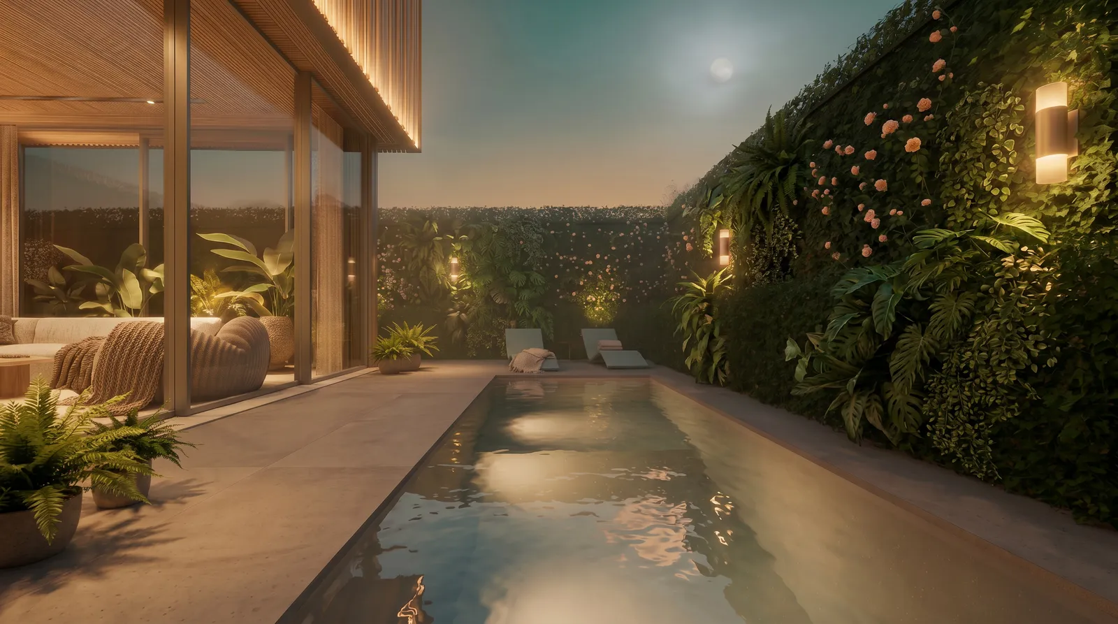 Área de lazer da Casa Trama em Alphaville Campinas com piscina, jardim vertical, iluminação cênica, lounge interno e integração com a área gourmet