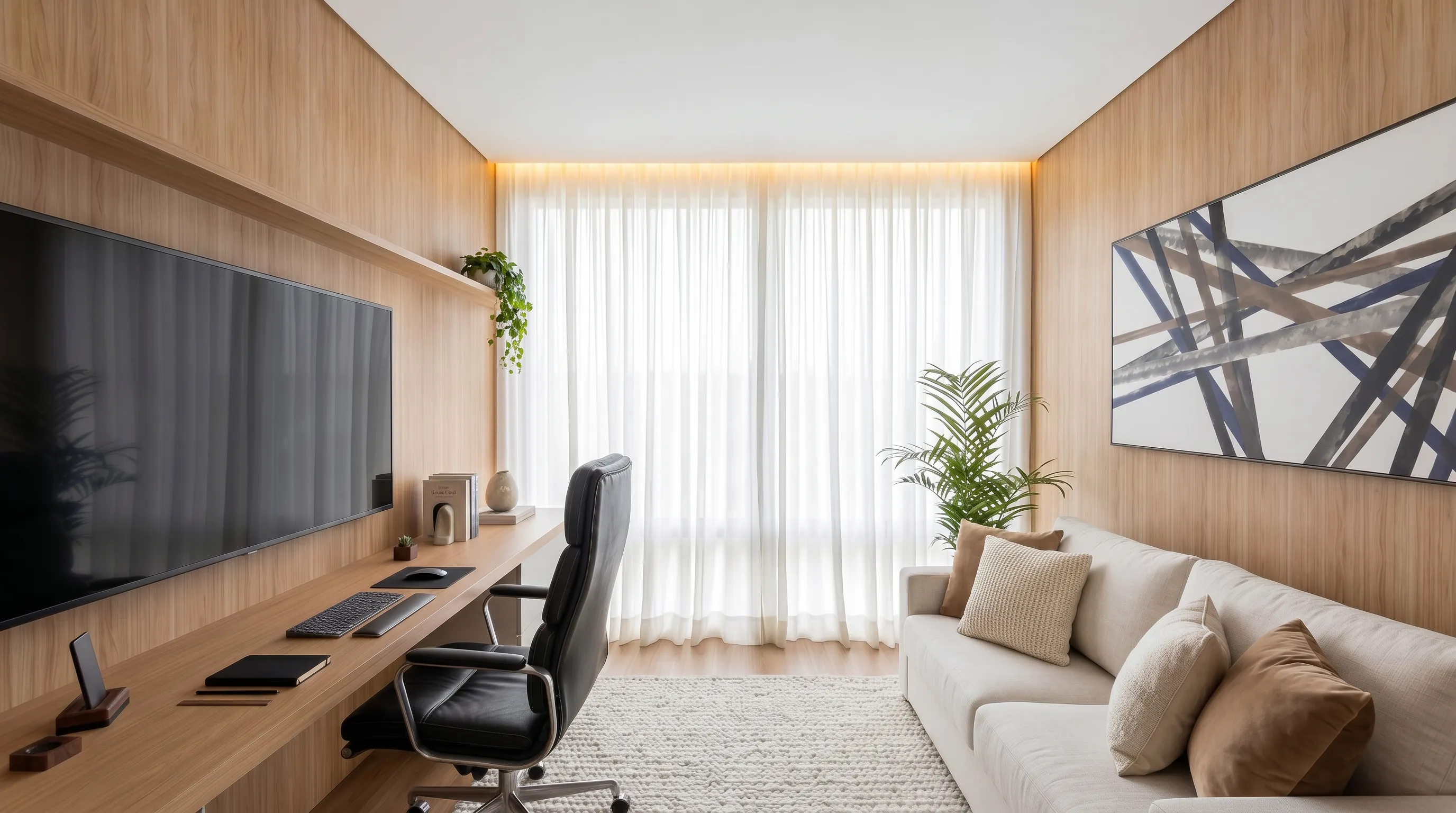 Home office da Casa Trama em Alphaville Campinas com painéis de madeira clara, sofá neutro, bancada de trabalho, tela grande e arte abstrata