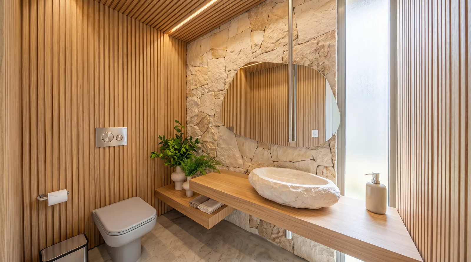 Lavabo da Casa Trama em Alphaville Campinas com madeira ripada, parede de pedra natural, cuba orgânica esculpida, espelho curvo e luz indireta