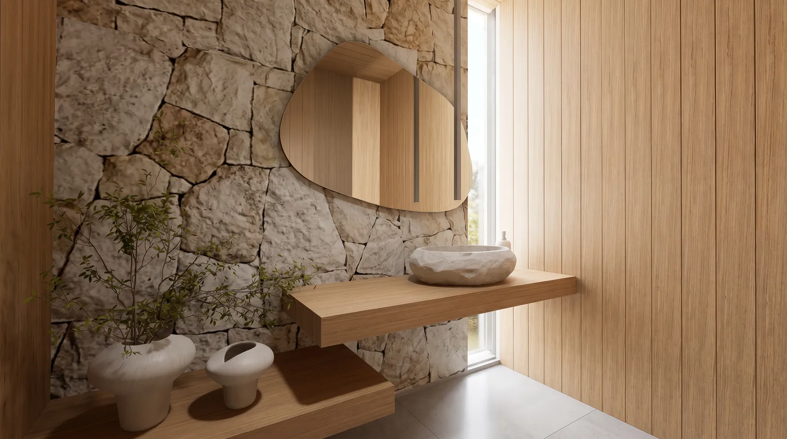 Detalhe do lavabo da Casa Trama em Alphaville Campinas com parede de pedra natural, espelho orgânico, bancada em madeira e iluminação lateral