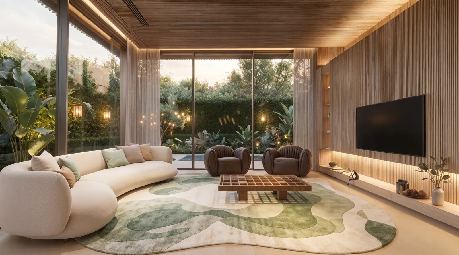 Lounge gourmet da Casa Trama em Alphaville Campinas com sofá curvo claro, poltronas de couro, mesa tramada, tapete orgânico verde e jardim ao redor