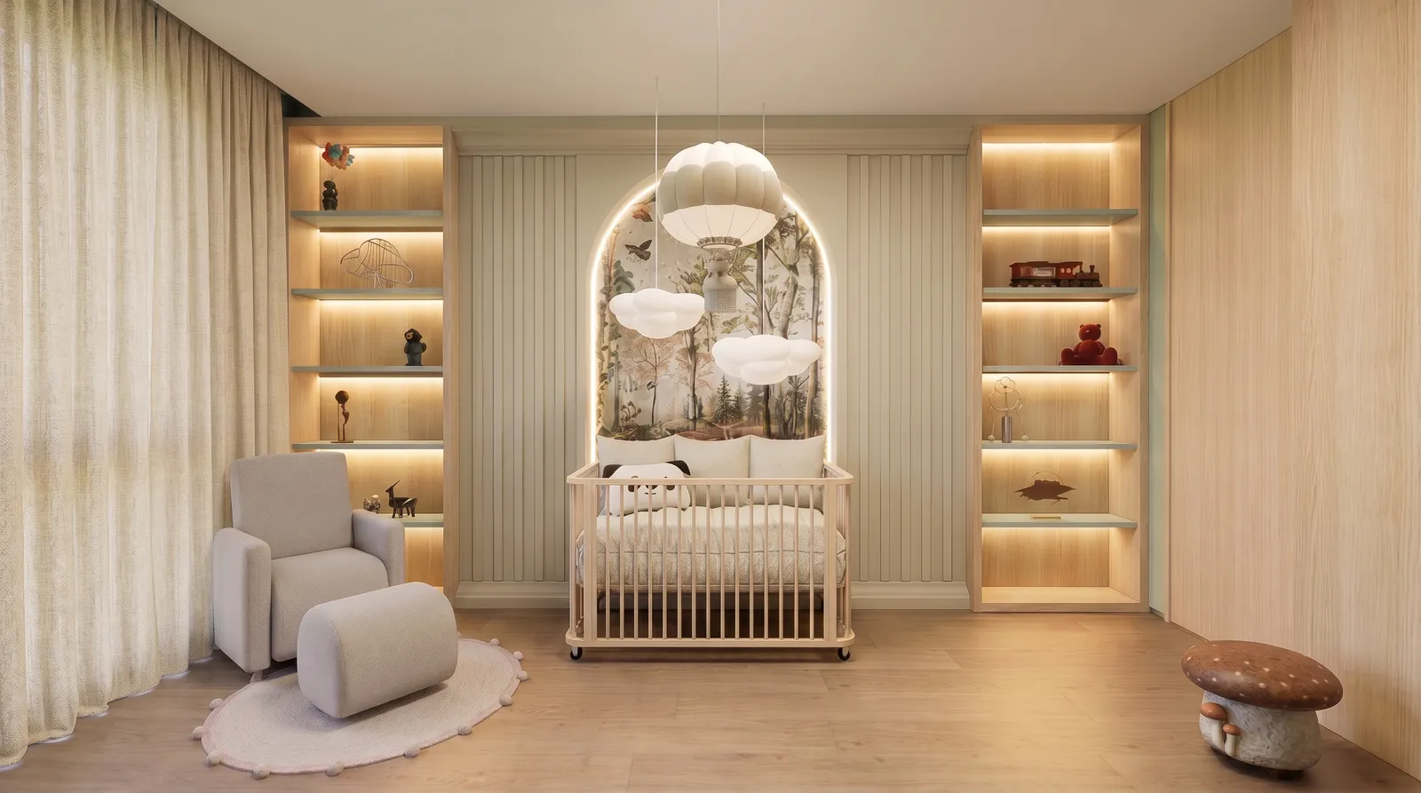 Quarto do bebê recém-nascido da Casa Trama em Alphaville Campinas com berço, painel de floresta em arco iluminado, estantes em madeira e poltrona de amamentação