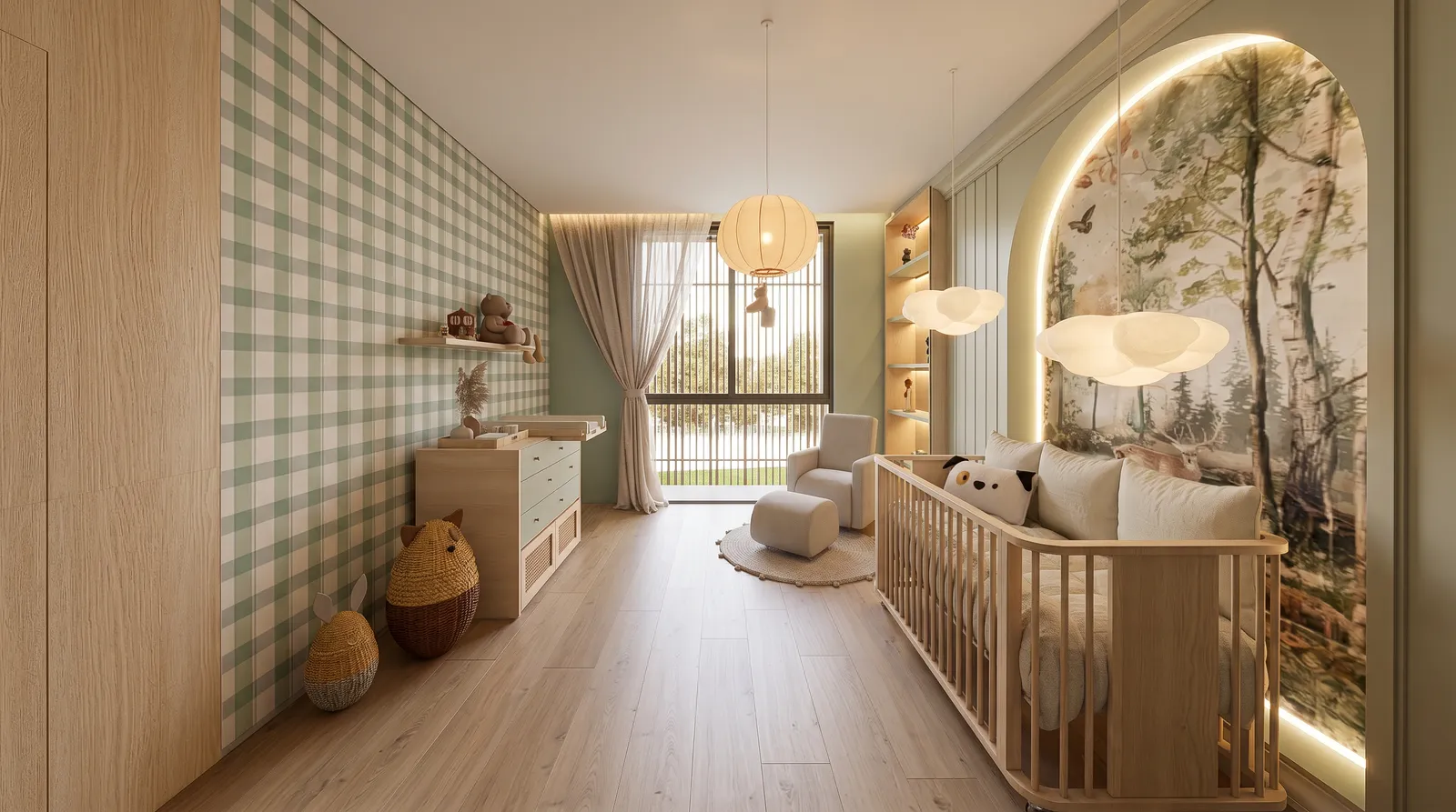 Quarto do bebê recém-nascido da Casa Trama em Alphaville Campinas com berço em madeira, papel de parede xadrez verde, painel lúdico e iluminação acolhedora