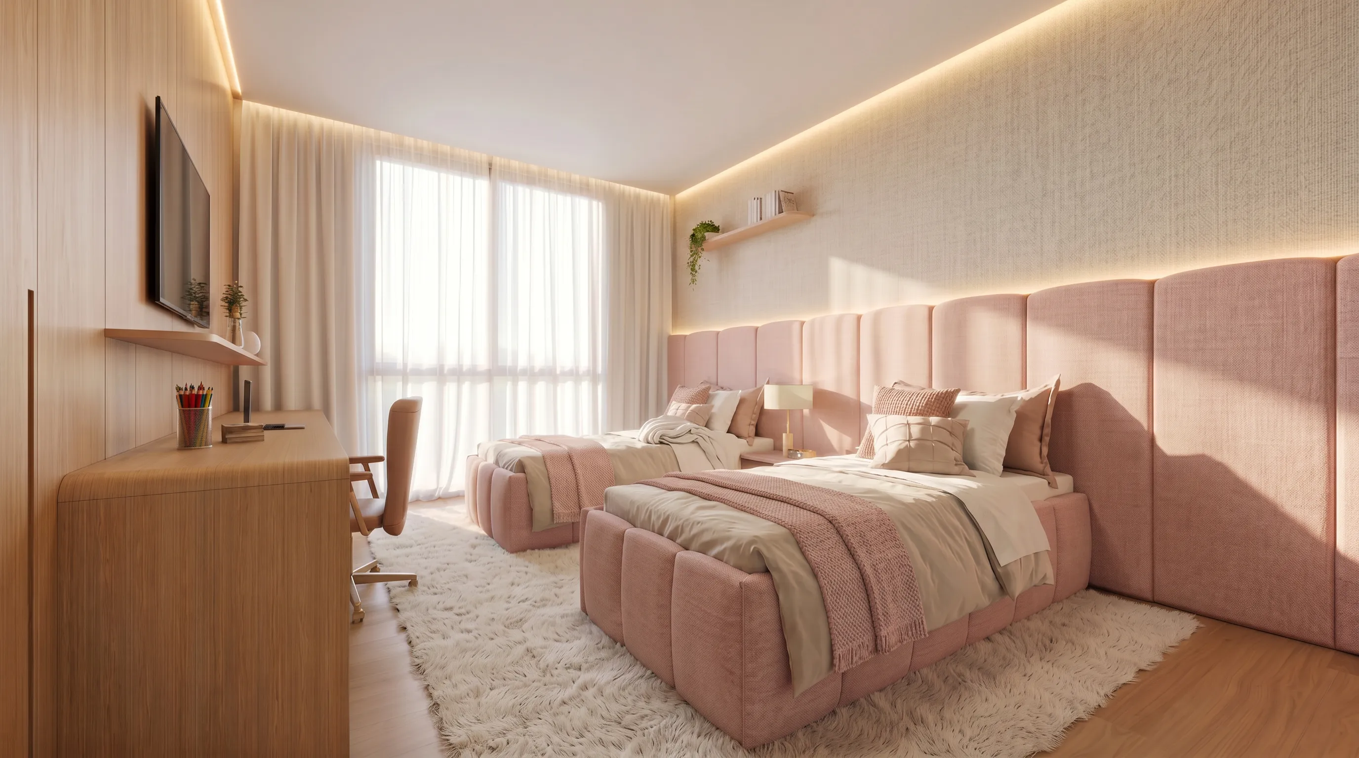 Quarto rosa da filha de 10 anos da Casa Trama em Alphaville Campinas com cabeceira estofada, duas camas, bancada em madeira, cortinas claras e luz indireta