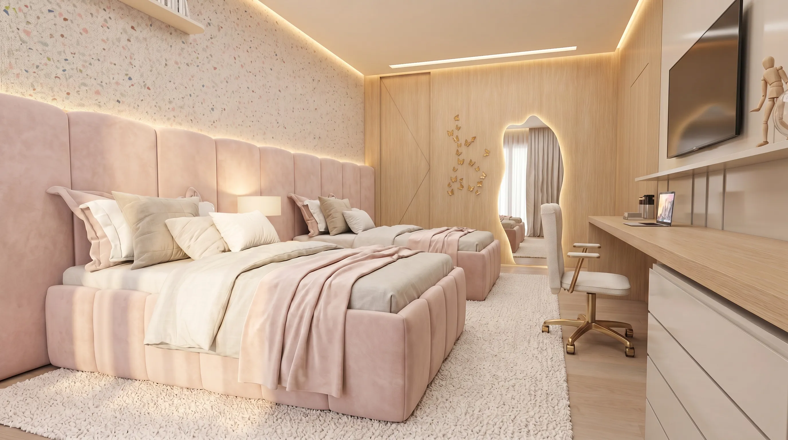 Quarto rosa da filha de 10 anos da Casa Trama em Alphaville Campinas com duas camas estofadas, painel texturizado, bancada de estudos e espelho orgânico