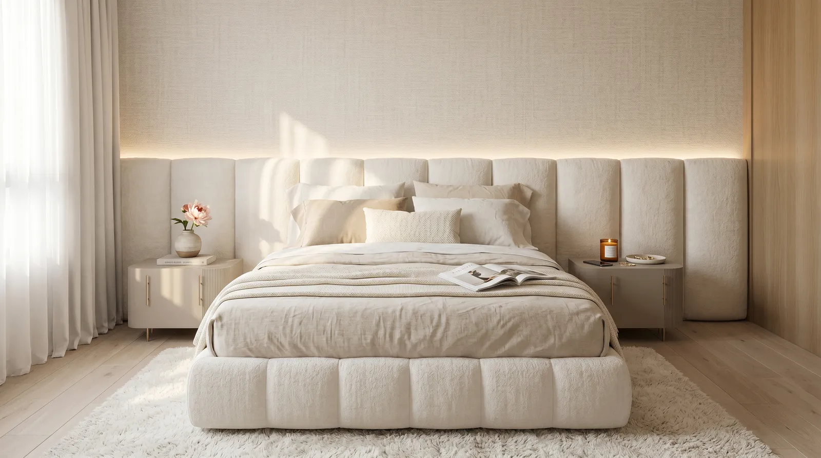 Quarto neutro da filha de 17 anos da Casa Trama em Alphaville Campinas com cama estofada clara, tecidos naturais, parede texturizada, madeira clara e luz suave