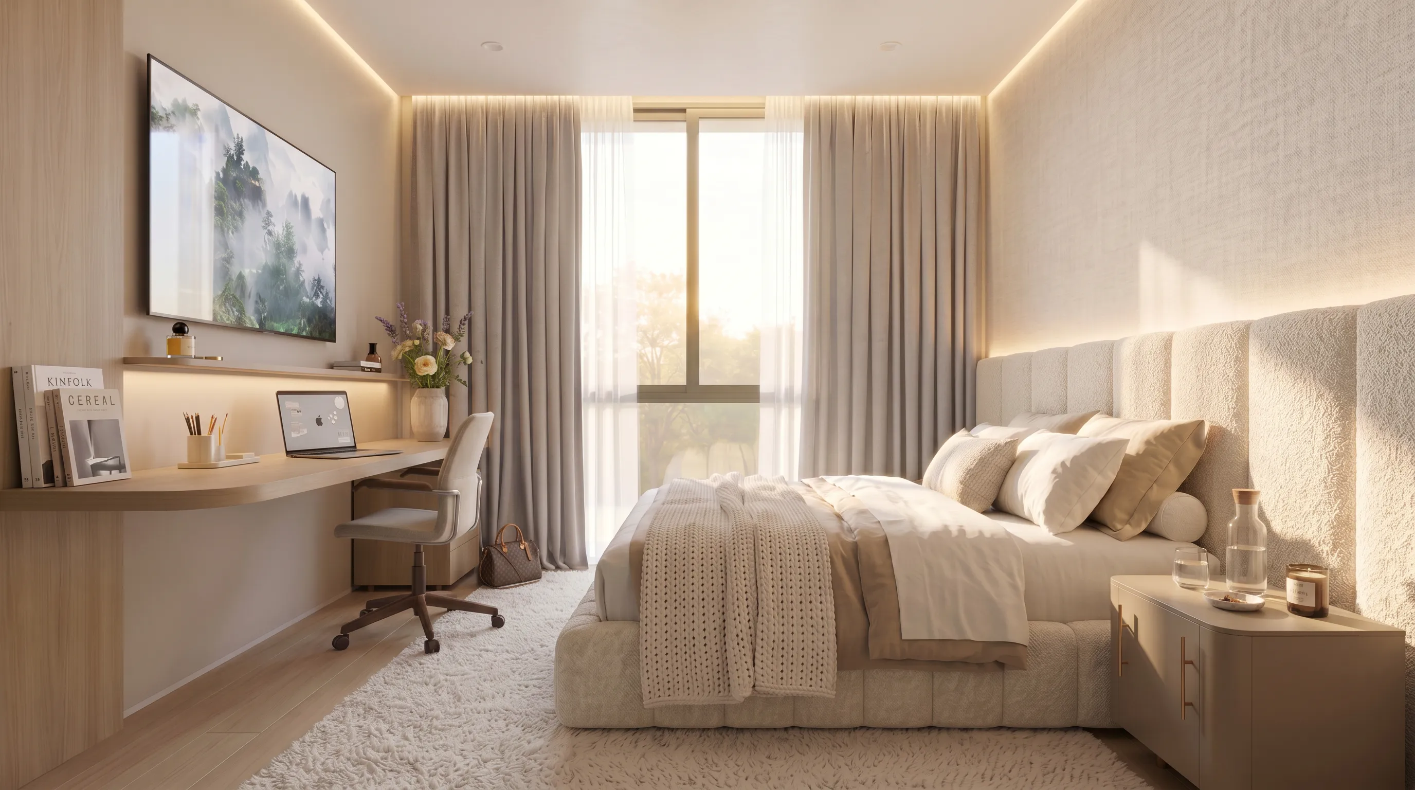 Quarto neutro da filha de 17 anos da Casa Trama em Alphaville Campinas com cama estofada clara, mesa de estudos, marcenaria em madeira, cortinas e iluminação indireta