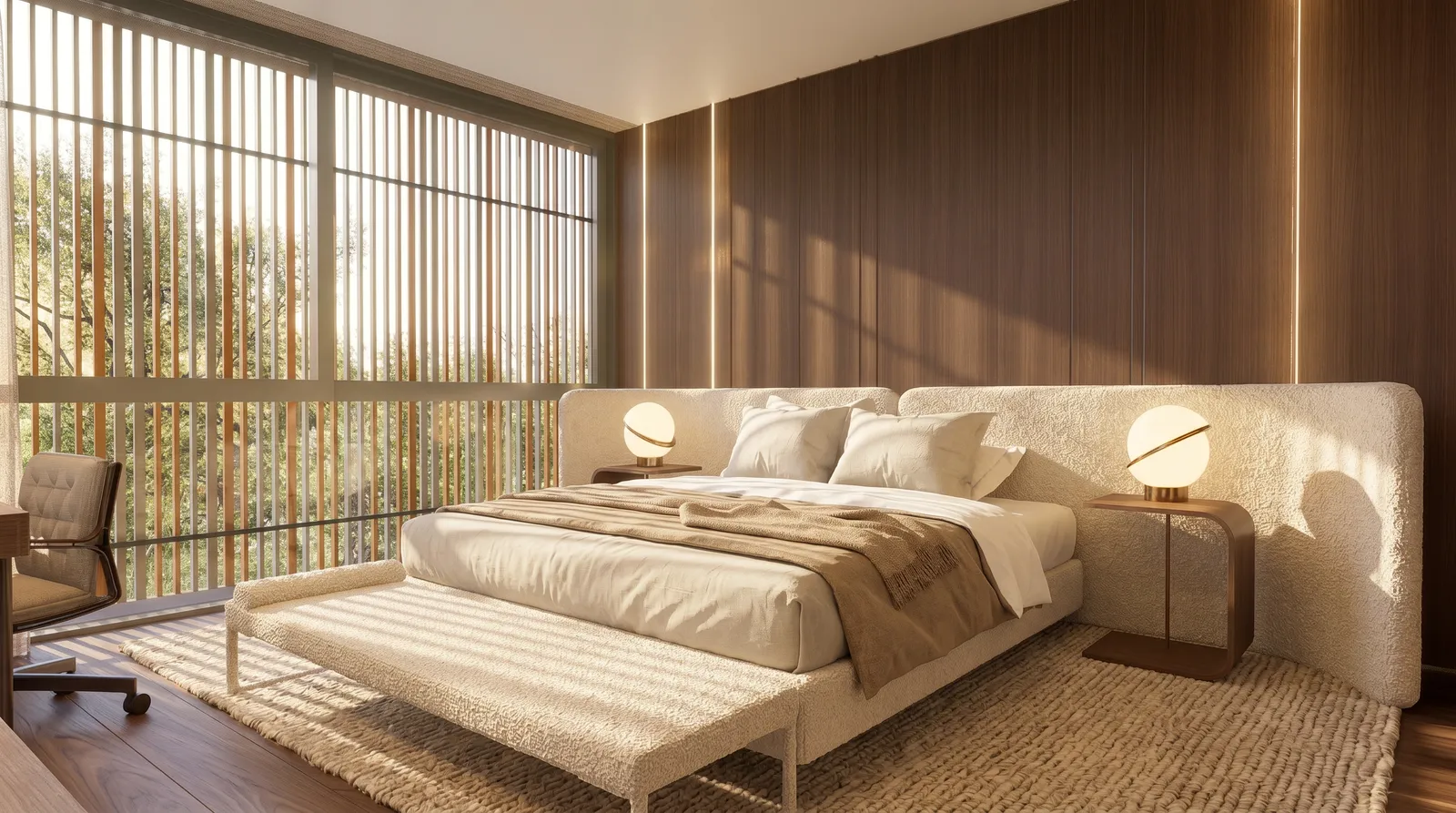 Suíte master da Casa Trama em Alphaville Campinas com brise filtrando a luz, painel de madeira escura, cama estofada clara e luminárias esféricas