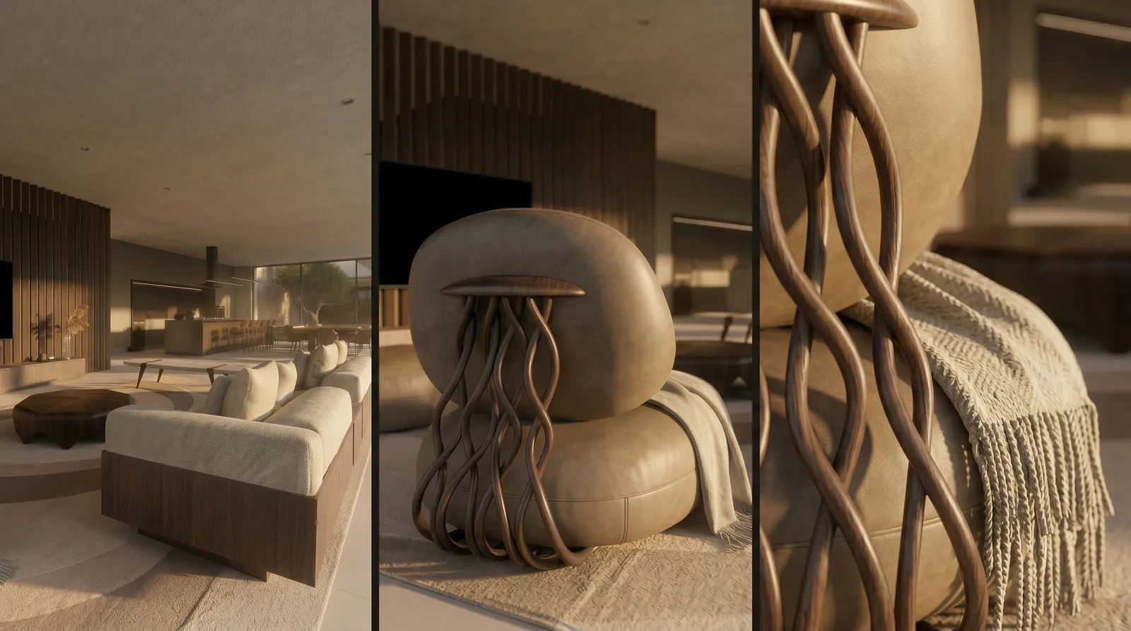 Detalhes do estar da Casa Vértice em Atibaia com poltrona orgânica, estrutura em madeira natural, tecidos texturizados e luz quente