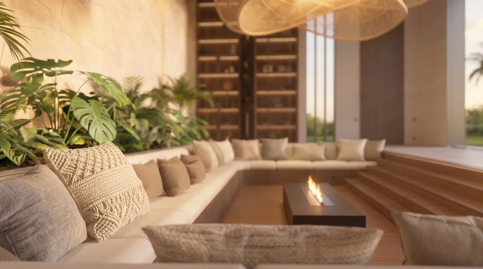 Living da Casa Vértice em Atibaia com sofá orgânico, jardim interno, parede de pedra clara, pendente escultórico e lareira central