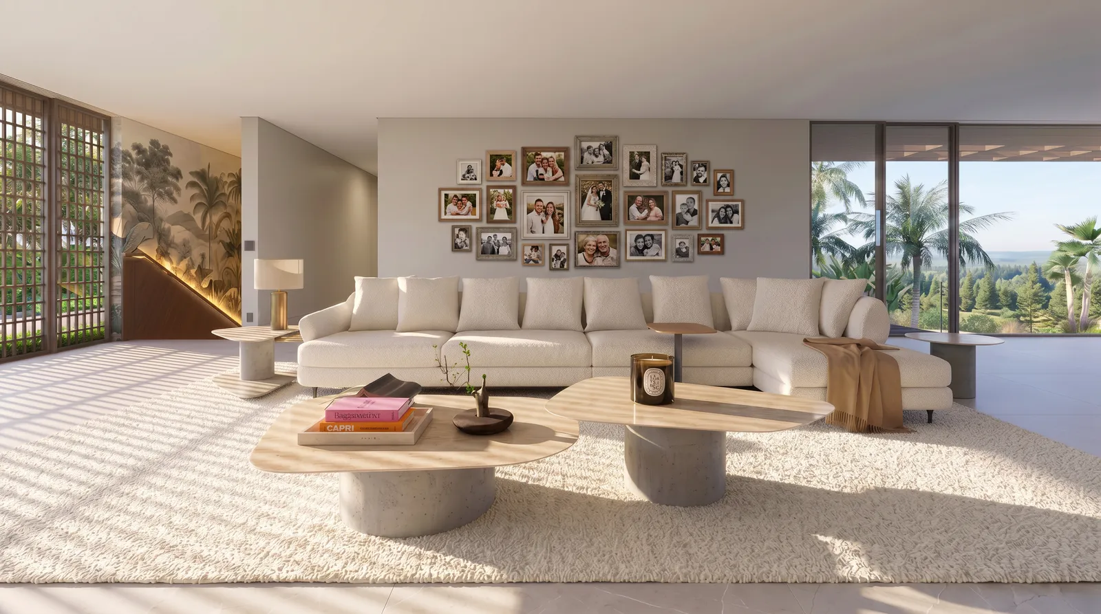 Sala íntima da Casa Vértice em Atibaia com sofá claro, galeria de fotos, mesa orgânica, muxarabi de madeira e vista para a paisagem