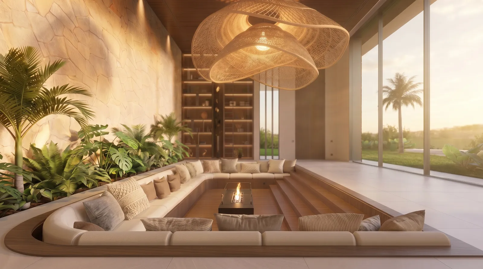 Sala rebaixada da Casa Vértice em Atibaia com jardim interno tropical, lareira linear, sofá claro, madeira e grandes panos de vidro