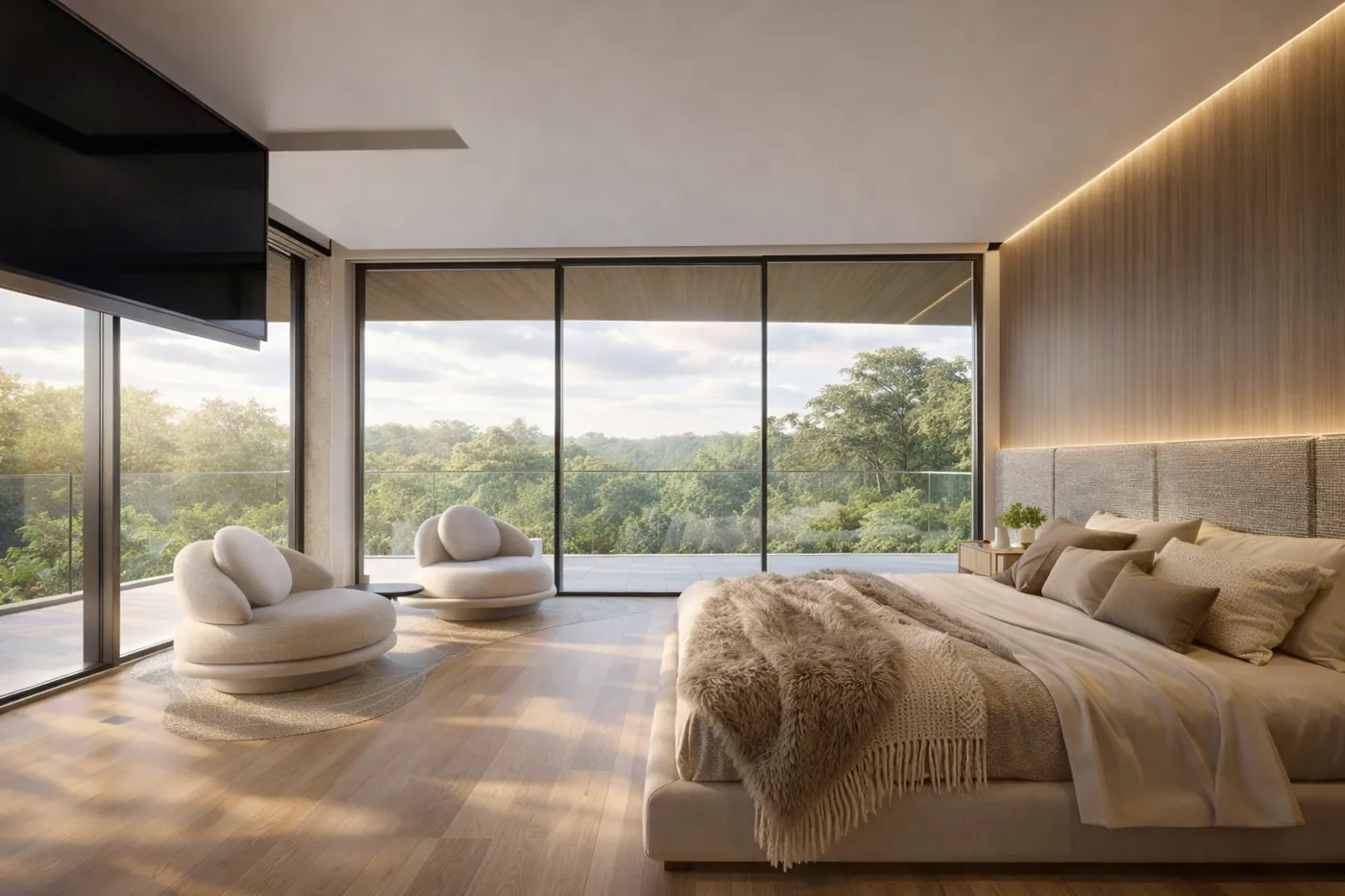 Suíte master da Casa Vértice em Atibaia com cama estofada, madeira, tecidos naturais, poltronas claras e vista panorâmica para a mata